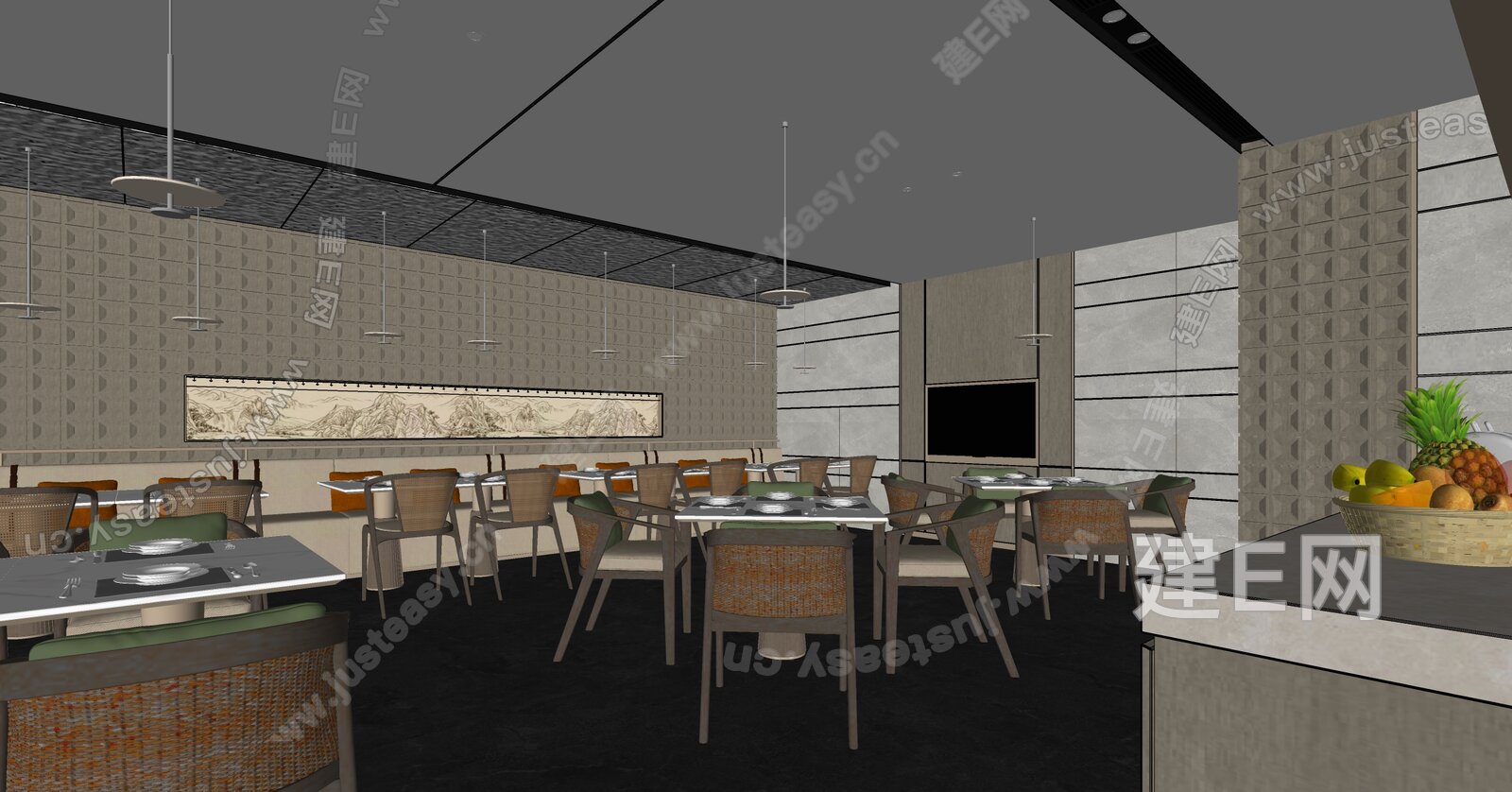 新中式餐厅模型SU模型下载[ID:115625068]_建e网su模型