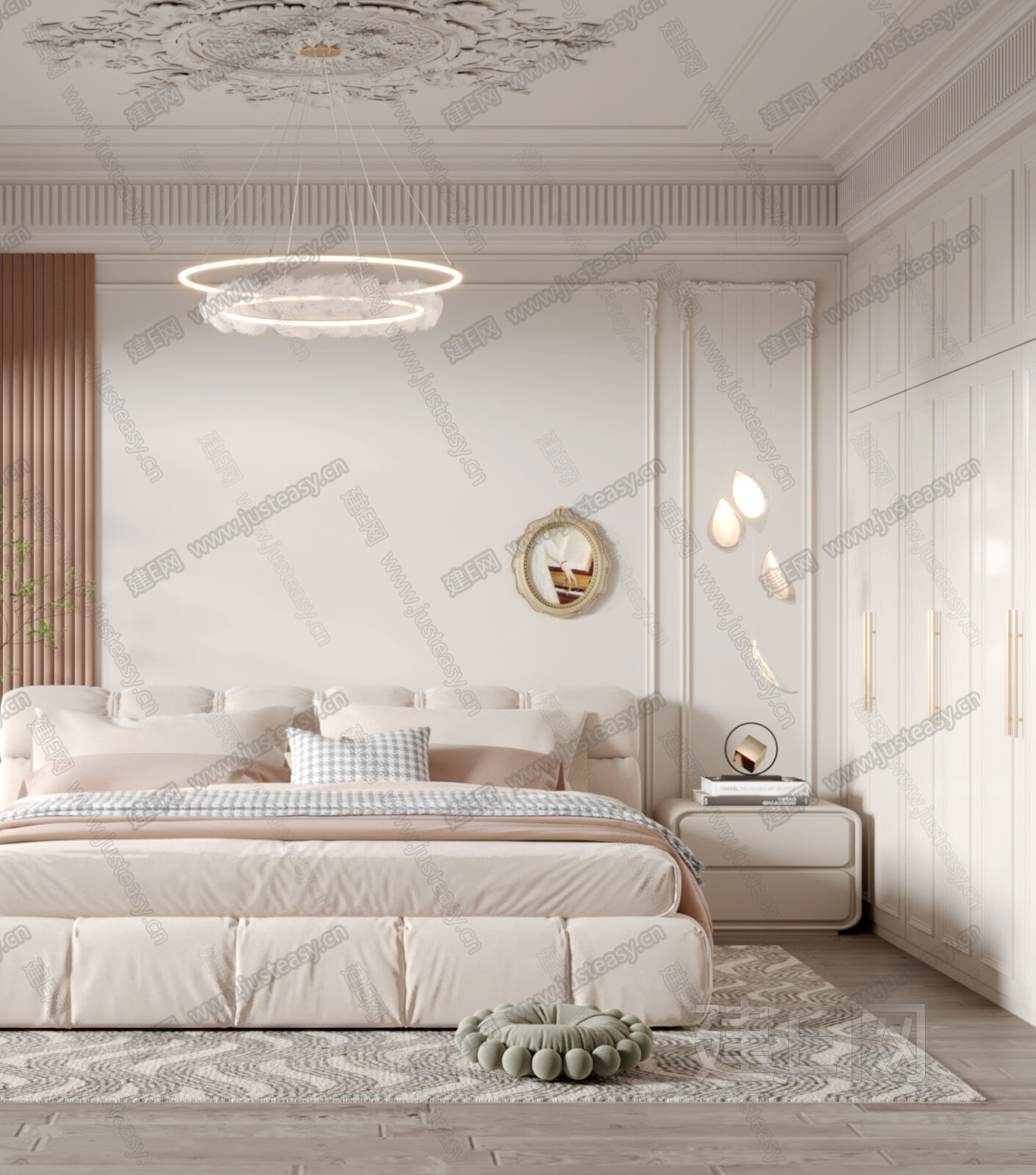 【现代奶油风卧室3d模型】建E网_现代奶油风卧室3d模型下载[ID:109794525]_打造3d现代奶油风卧室模型免费下载平台