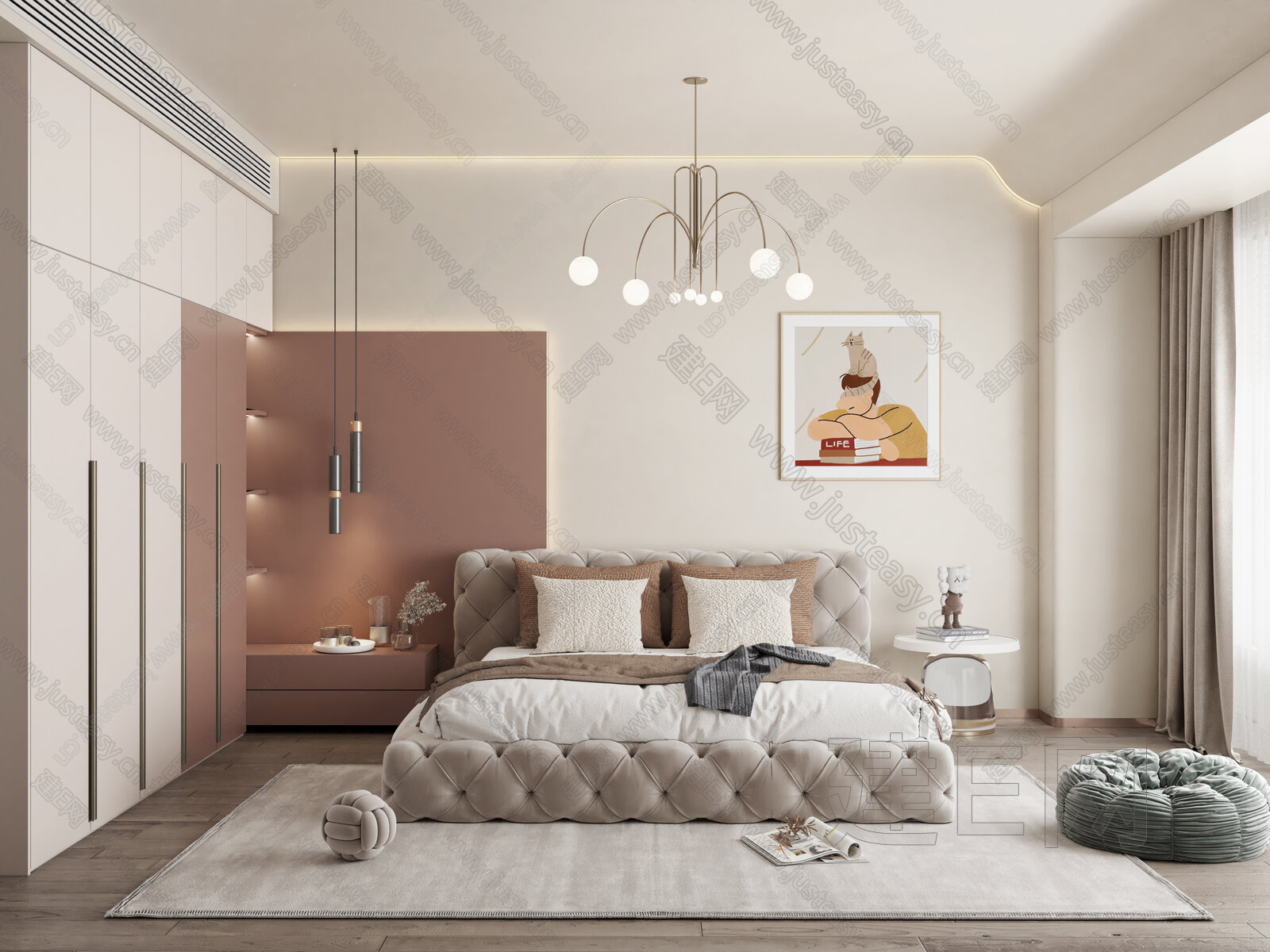 【现代奶油风卧室3d模型】建e网_现代奶油风卧室3d模型下载[ID:110384184]_打造3d现代奶油风卧室模型免费下载平台
