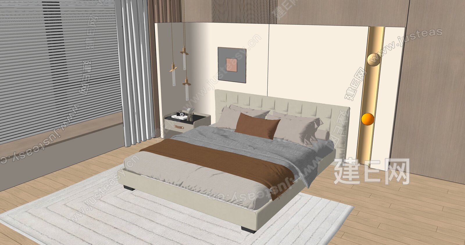 现代双人床模型SU模型下载[ID:117198060]_建E室内设计网