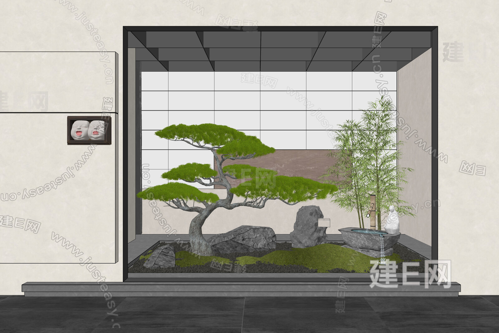 新中式室内造景模型SU模型下载[ID:117197953]_建E室内设计网
