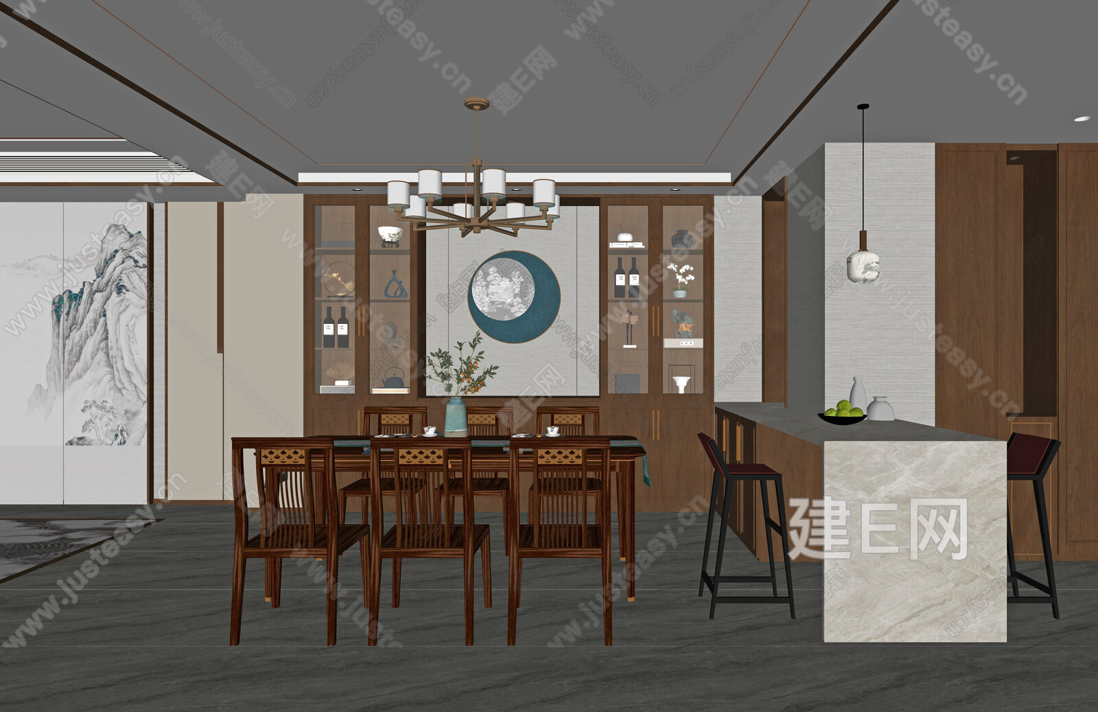 新中式餐厅模型SU模型下载[ID:117001239]_建e网su模型