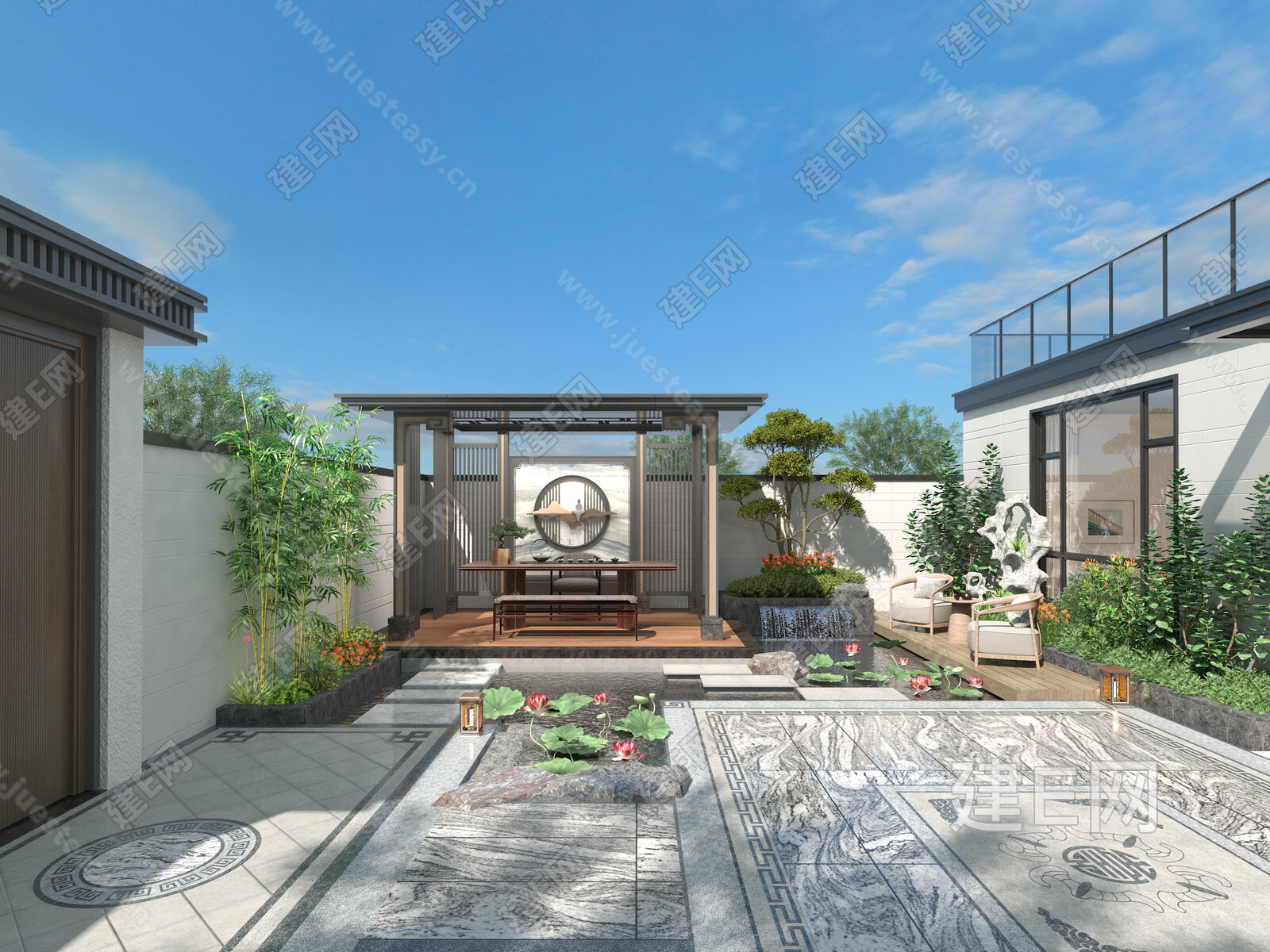新中式庭院花园3d模型下载[ID:112350421]_建e网3d模型