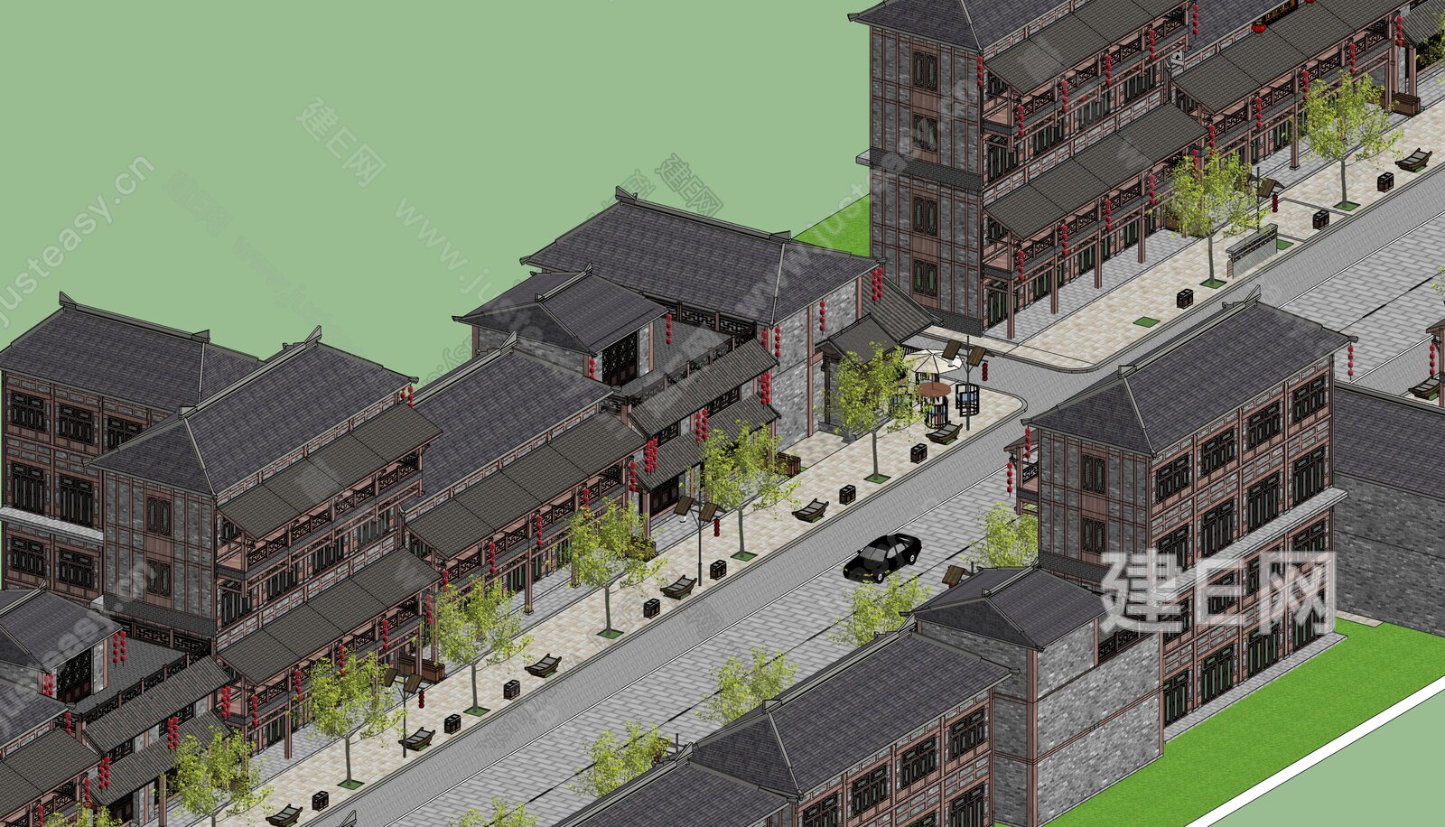 中式商业街模型SU模型下载[ID:110119952]_建e网su模型