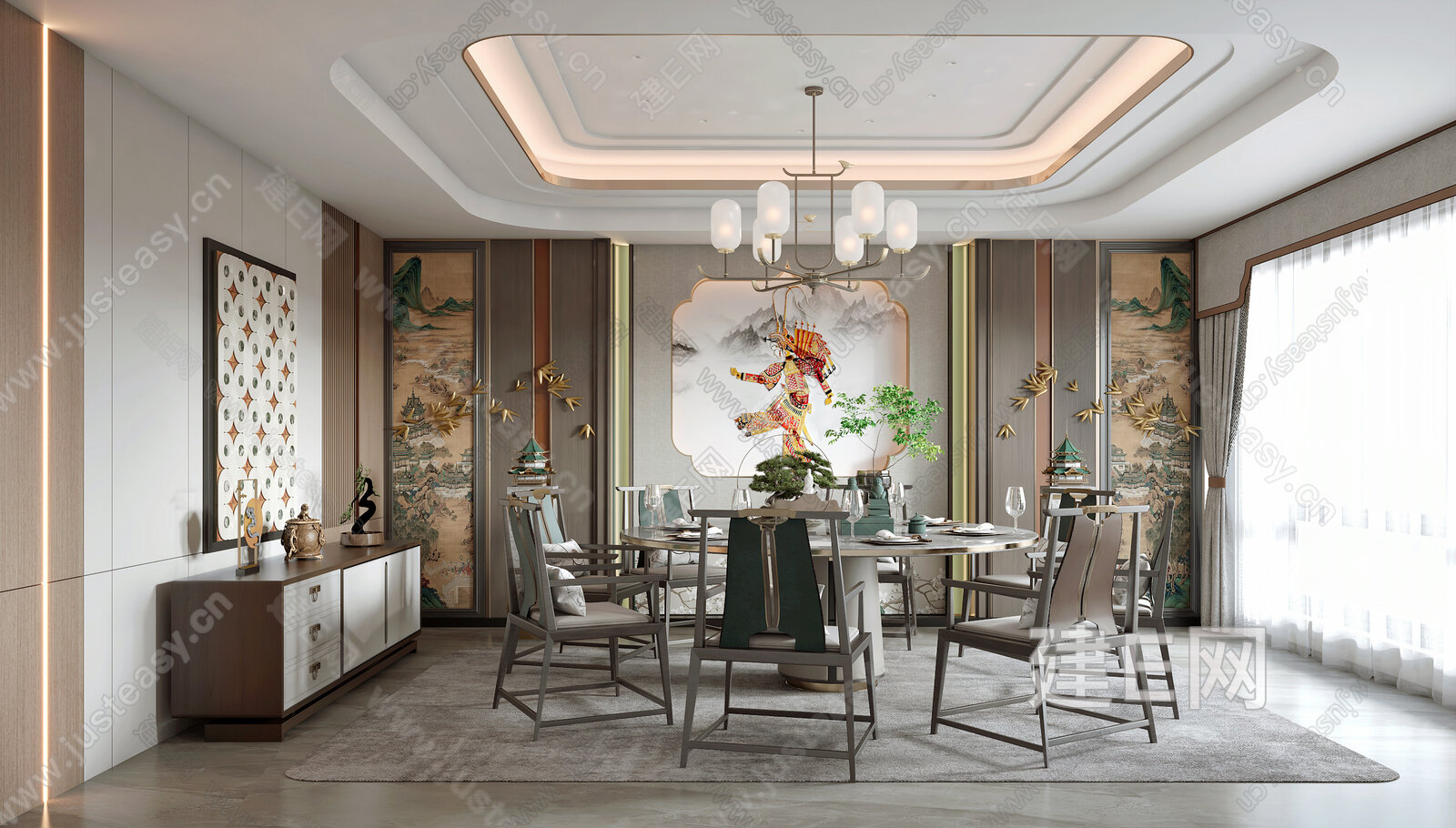 新中式餐厅包间3d模型下载[ID:105076571]_建e网3d模型