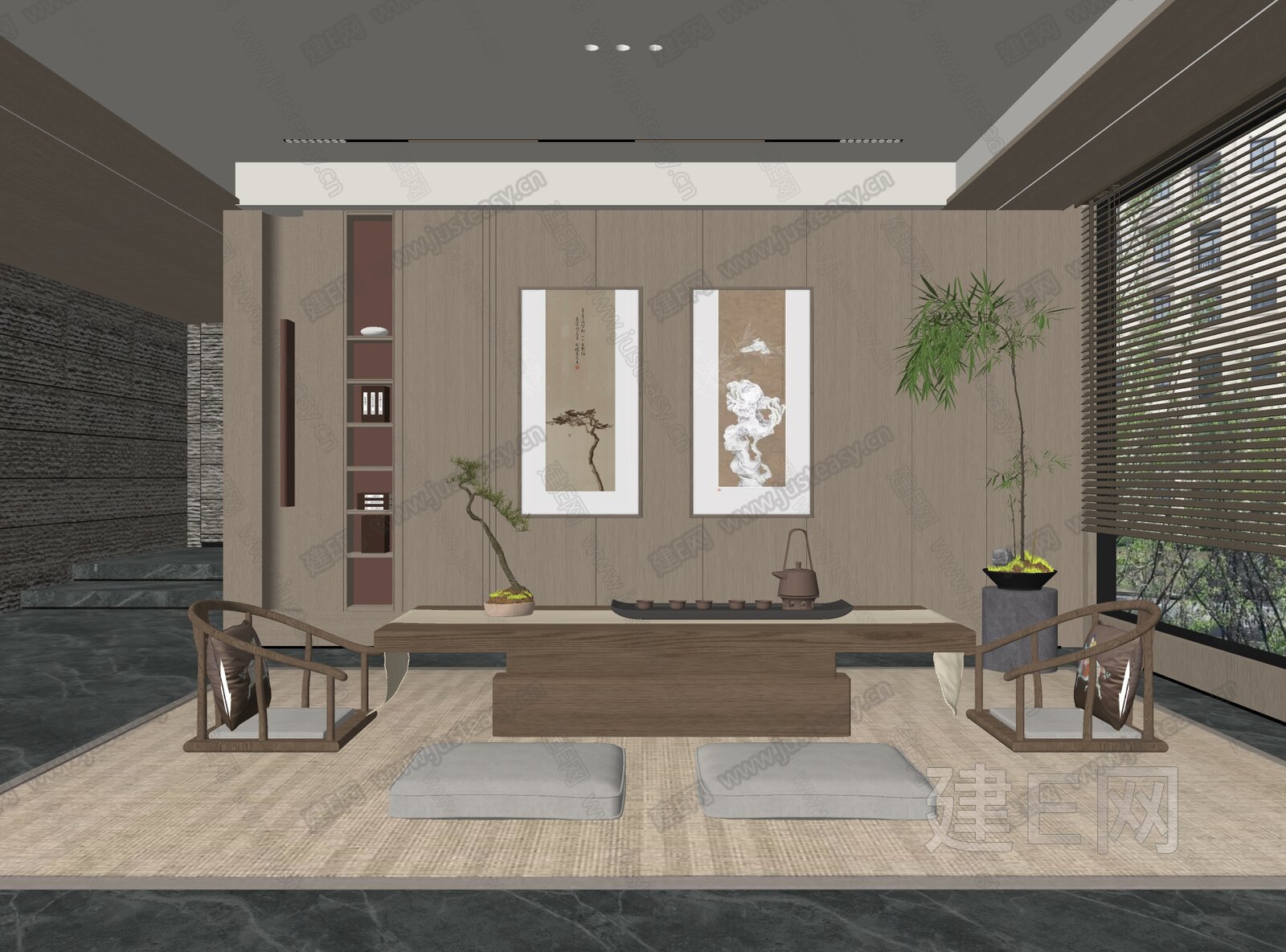 新中式茶室模型SU模型下载[ID:111955052]_建e网su模型