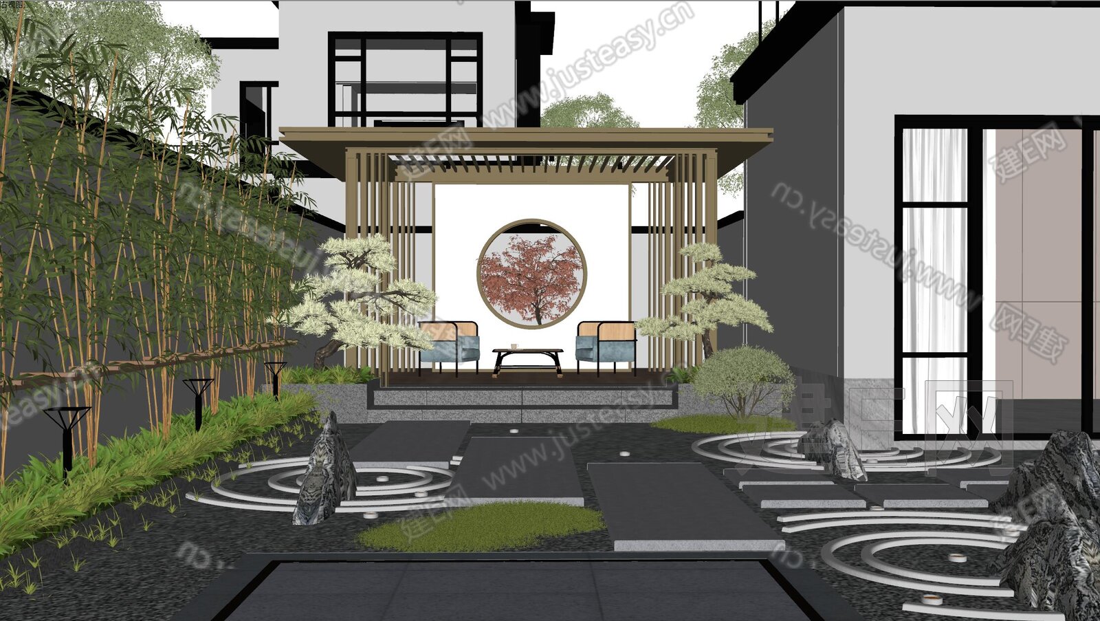 新中式庭院景观模型SU模型下载[ID:113134825]_建e网su模型
