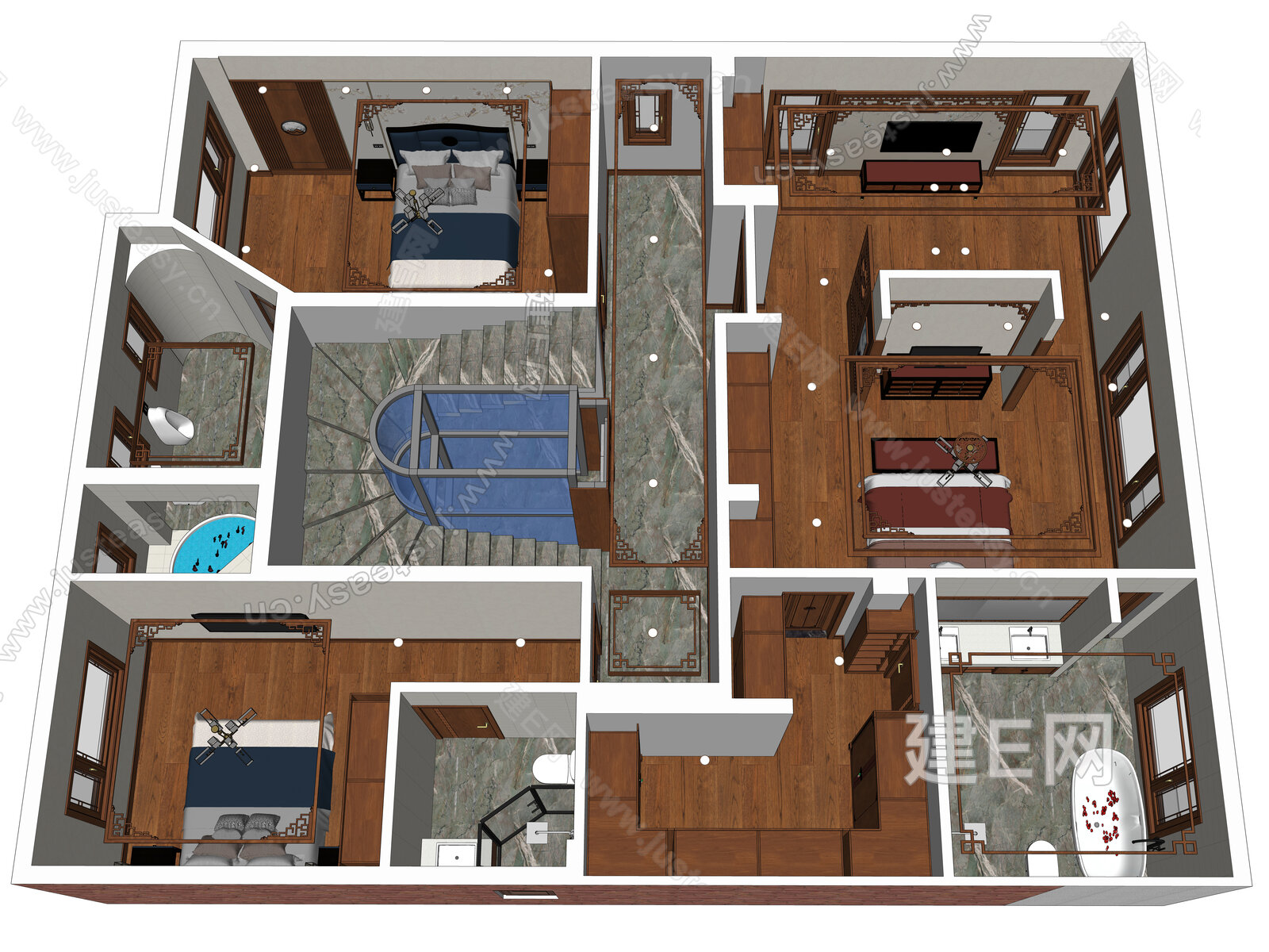 新中式别墅模型SU模型下载[ID:106057708]_建e网su模型