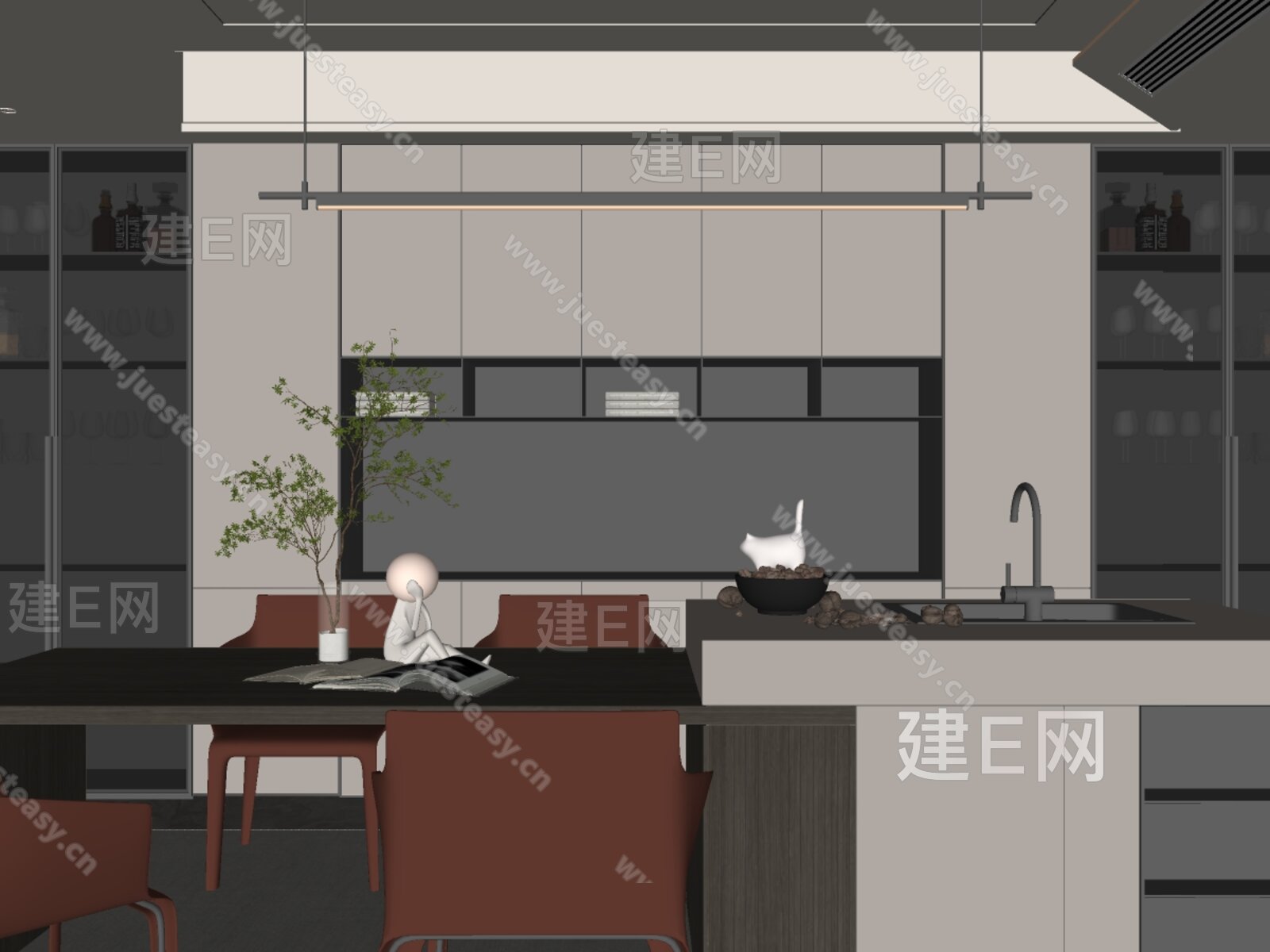 现代餐厅 餐桌椅 玻璃柜 书柜 画 吧台 酒柜 奶油风餐厅 吊灯 岛台模型SU模型下载[ID:106516232]_建E室内设计网