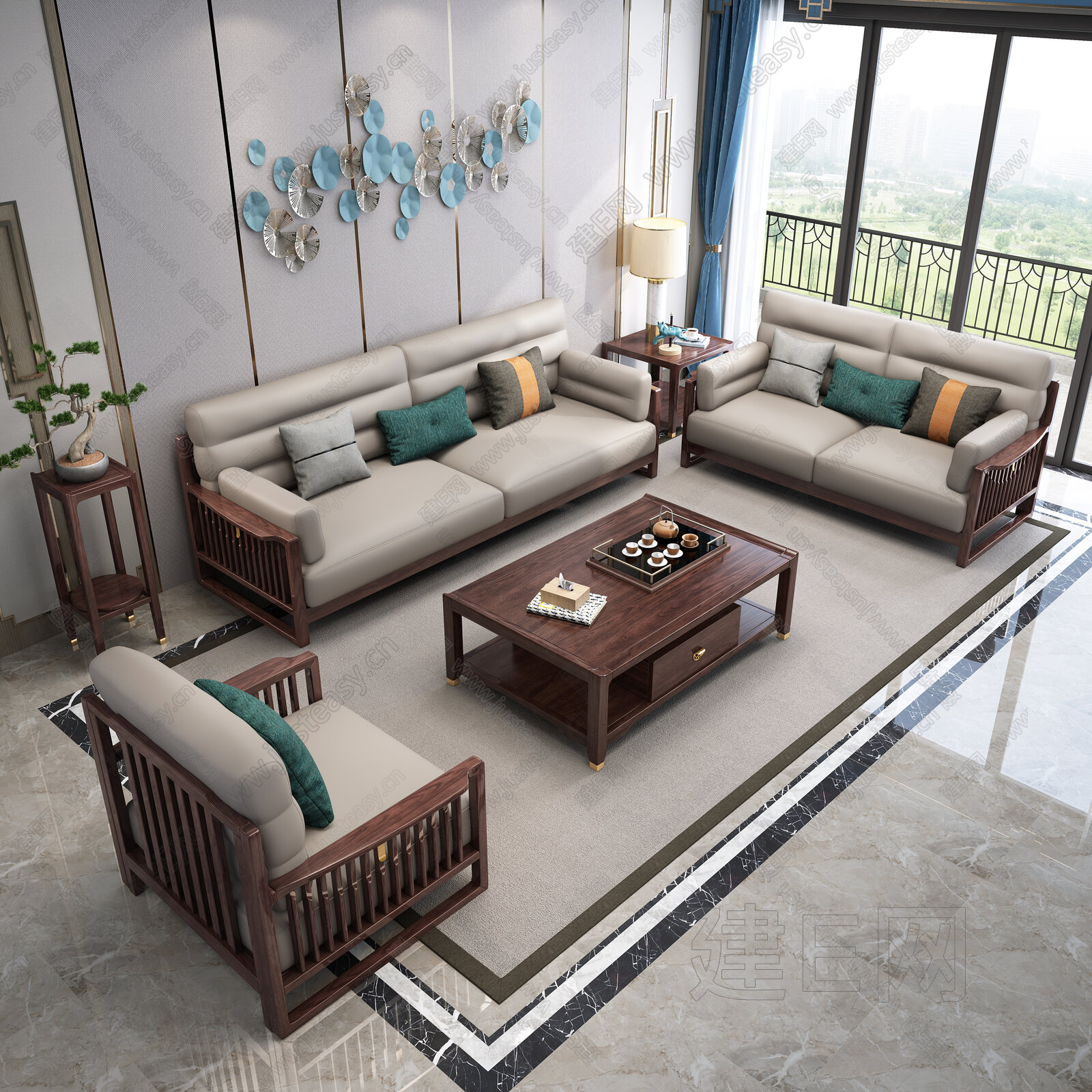 【新中式沙发茶几组合3d模型】建E网_新中式沙发茶几组合3d模型下载[ID:101209864]_打造3d新中式沙发茶几组合模型免费下载平台