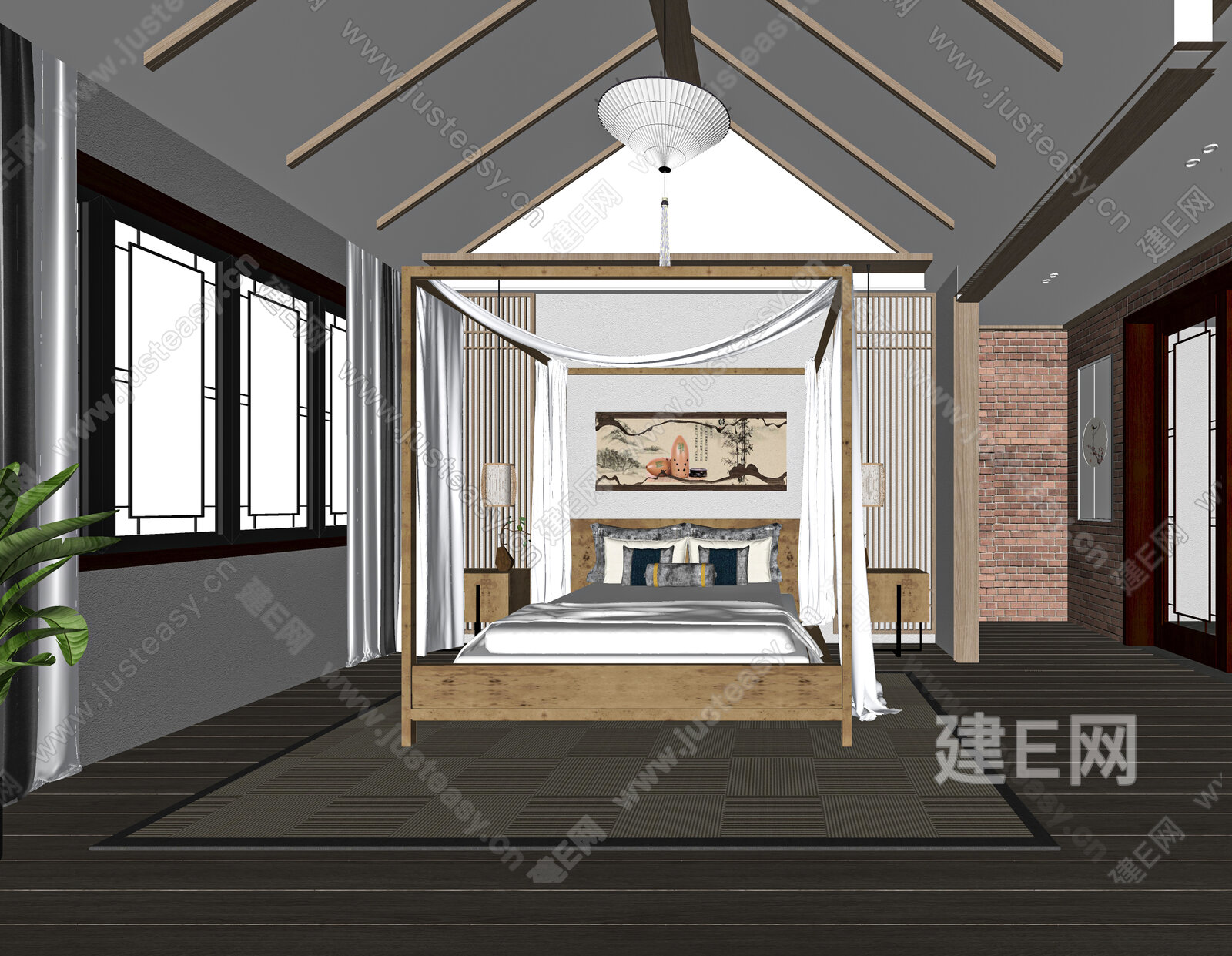 新中式民宿客房模型SU模型下载[ID:107827083]_建E室内设计网