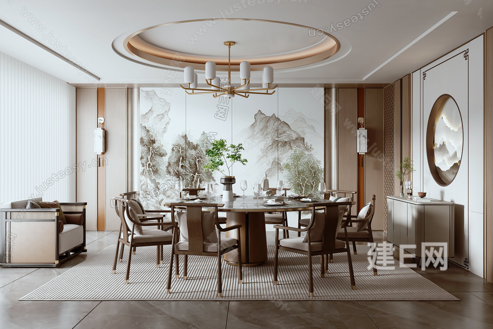 新中式餐厅包间3d模型下载[ID:102061858]_建e网3d模型