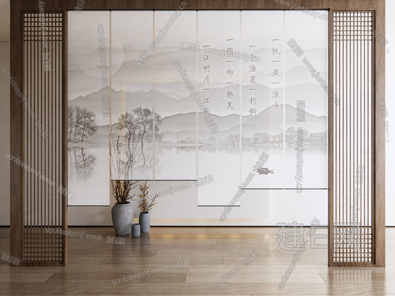 新中式山水纱帘卷帘模型SU模型下载[ID:107958019]_建e网su模型