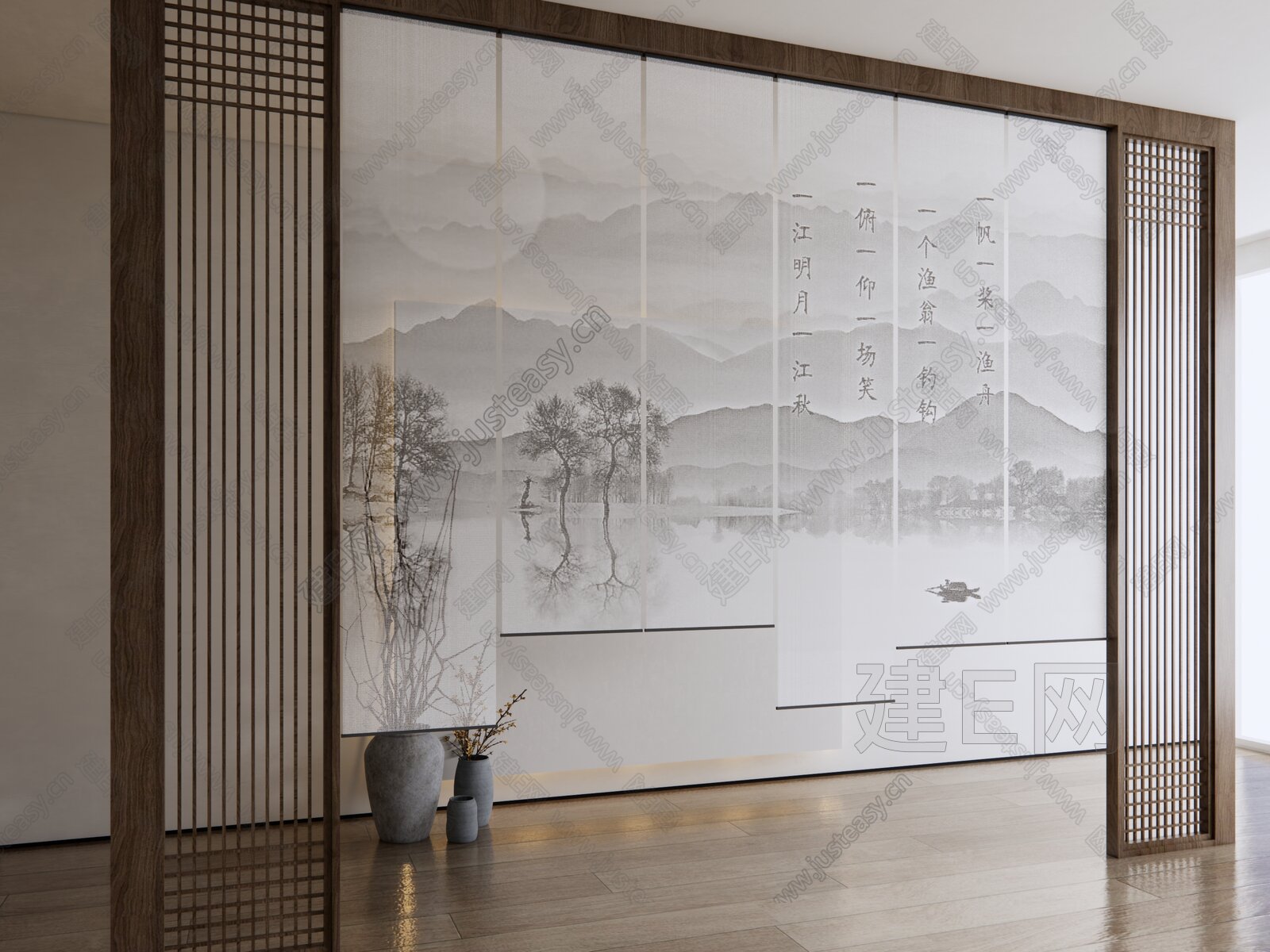 新中式山水纱帘卷帘模型SU模型下载[ID:107958019]_建e网su模型