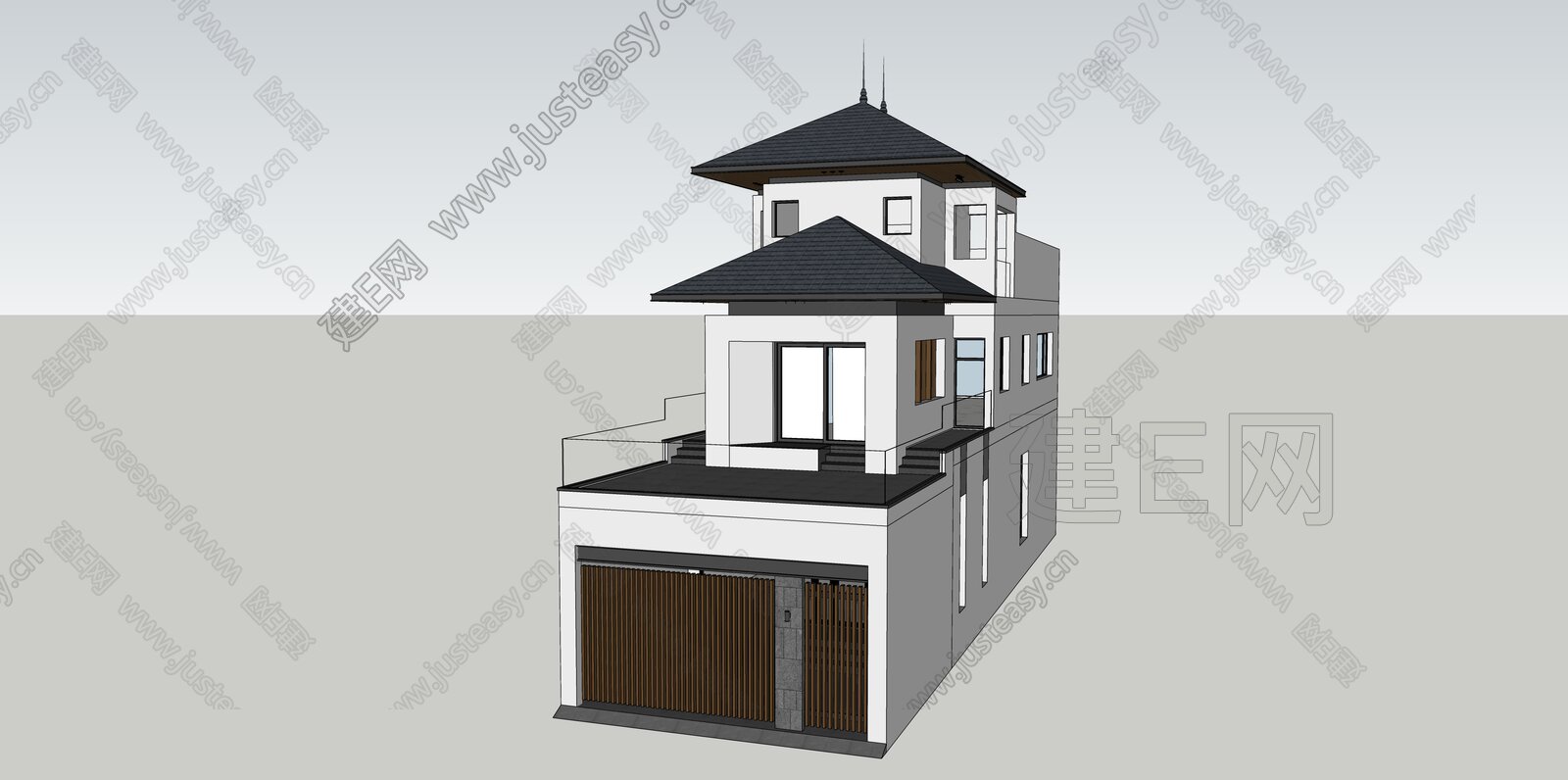 新中式别墅模型SU模型下载[ID:108285703]_建E室内设计网