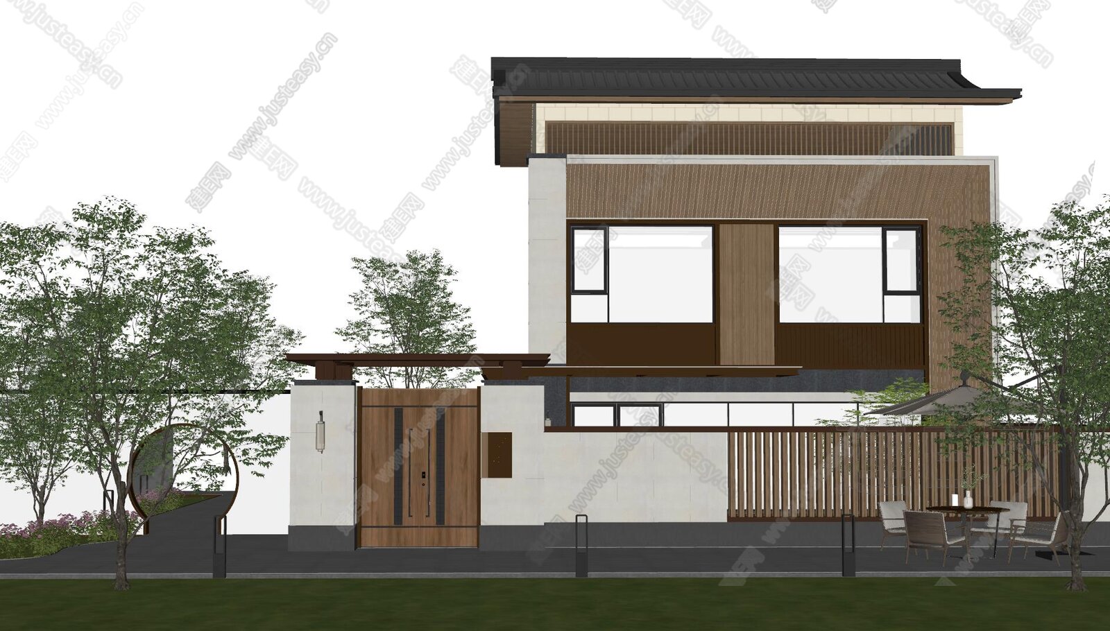 新中式别墅模型SU模型下载[ID:108154698]_建E室内设计网