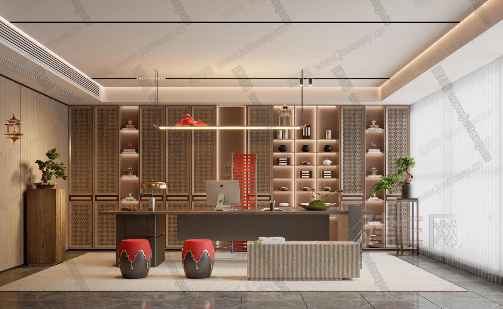 新中式经理办公室3d模型下载[ID:103962427]_建e网3d模型