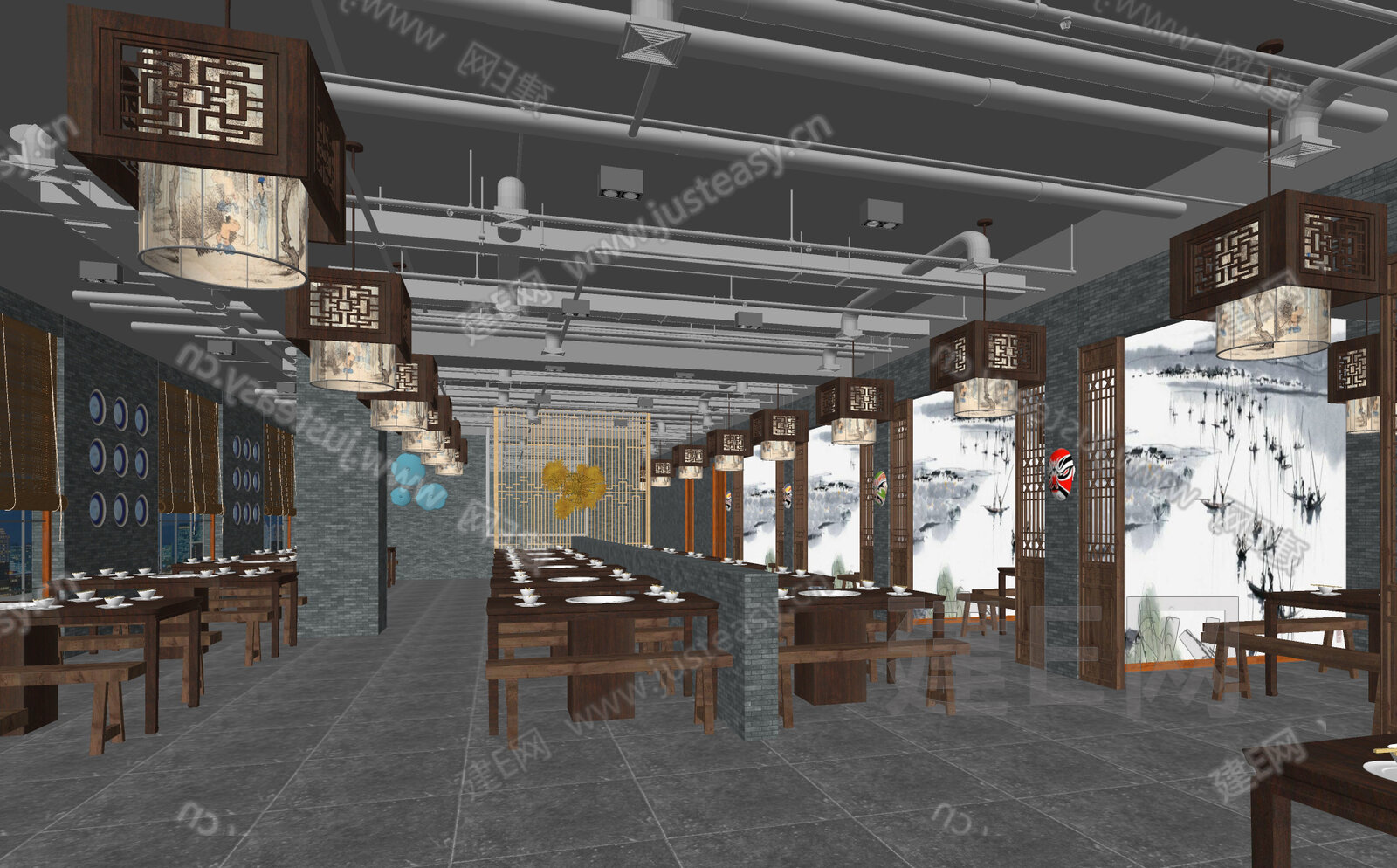 新中式火锅餐厅模型SU模型下载[ID:101666643]_建e网su模型