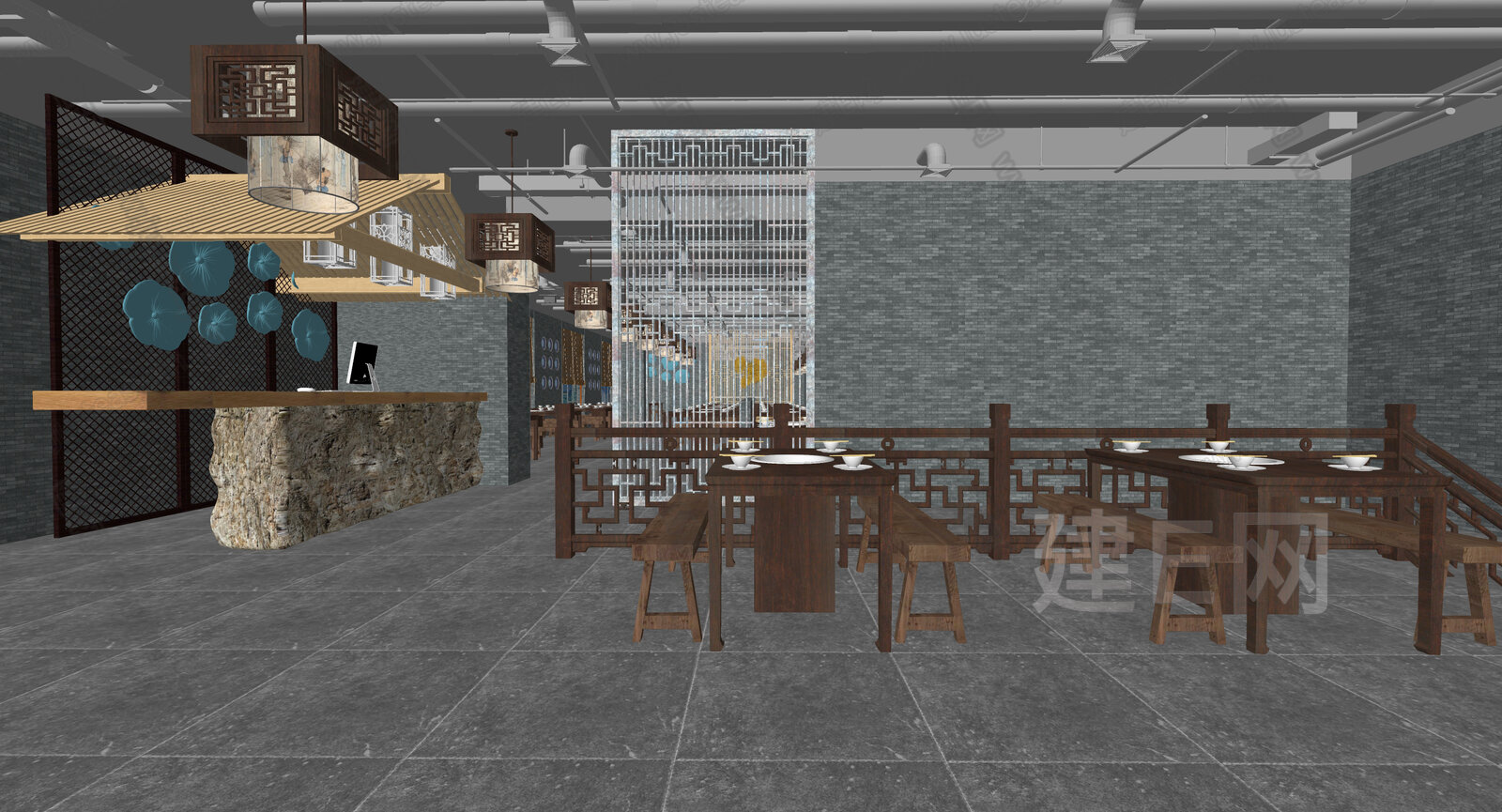 新中式火锅餐厅模型SU模型下载[ID:101666643]_建e网su模型