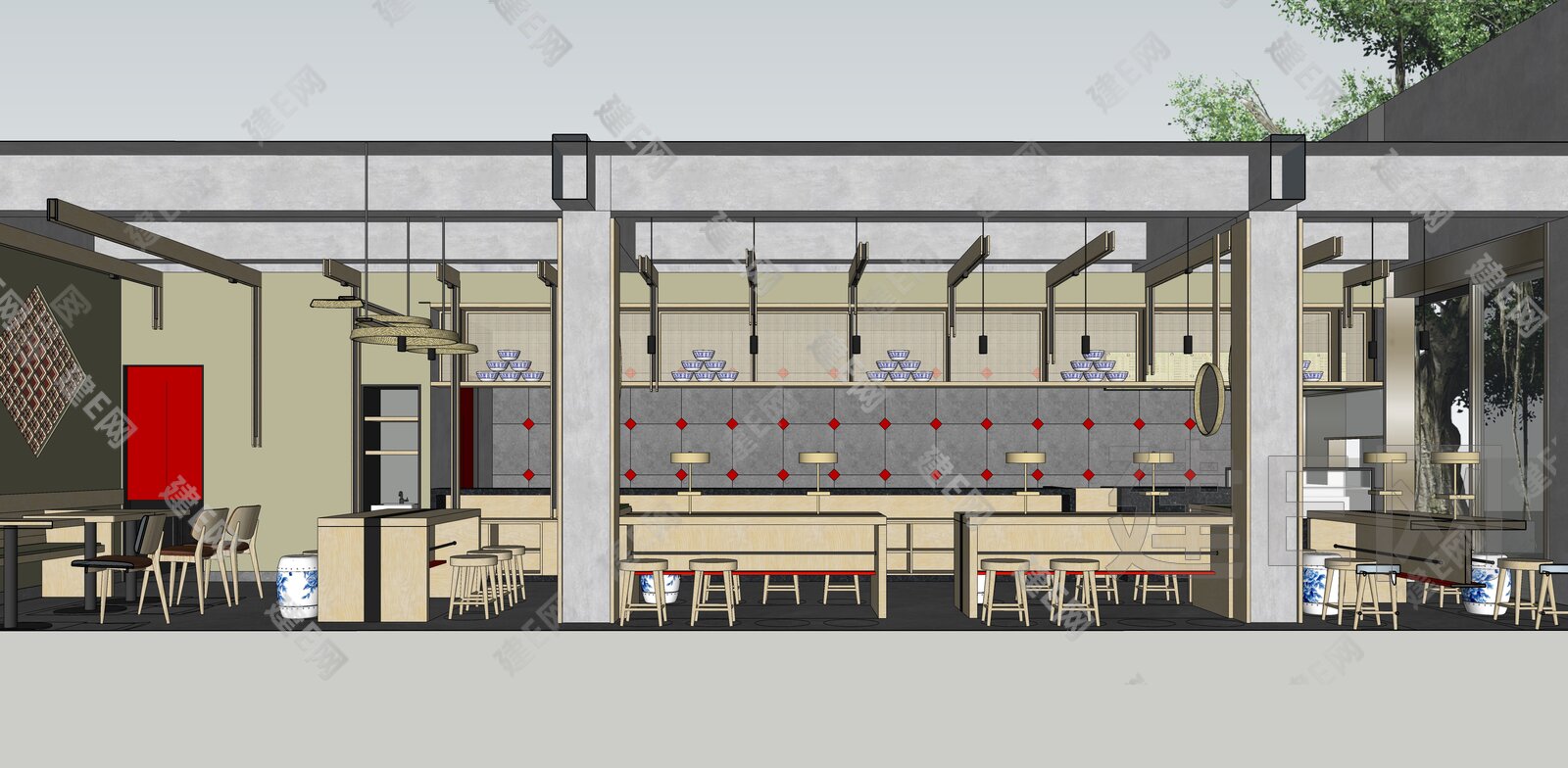 现代小吃店模型SU模型下载[ID:102191046]_建E室内设计网
