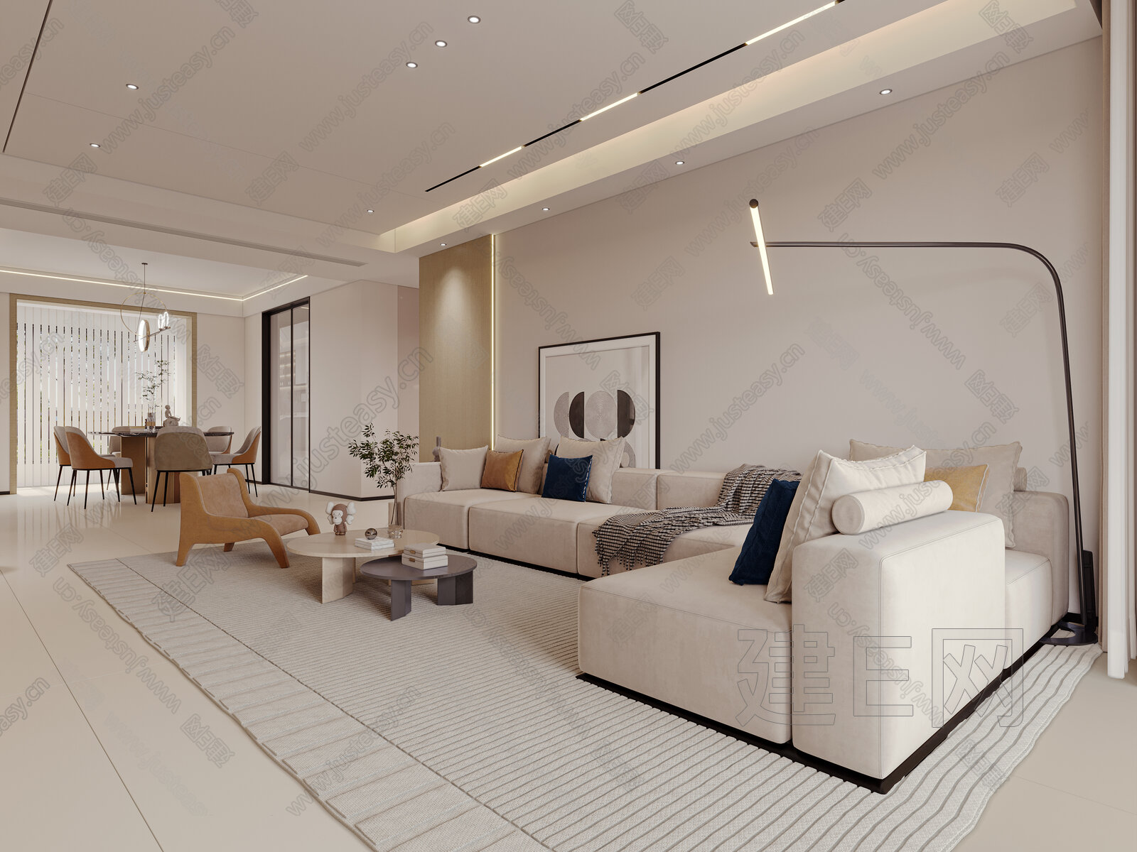 现代奶油风客餐厅3d模型下载[ID:115234630]_建e网3d模型