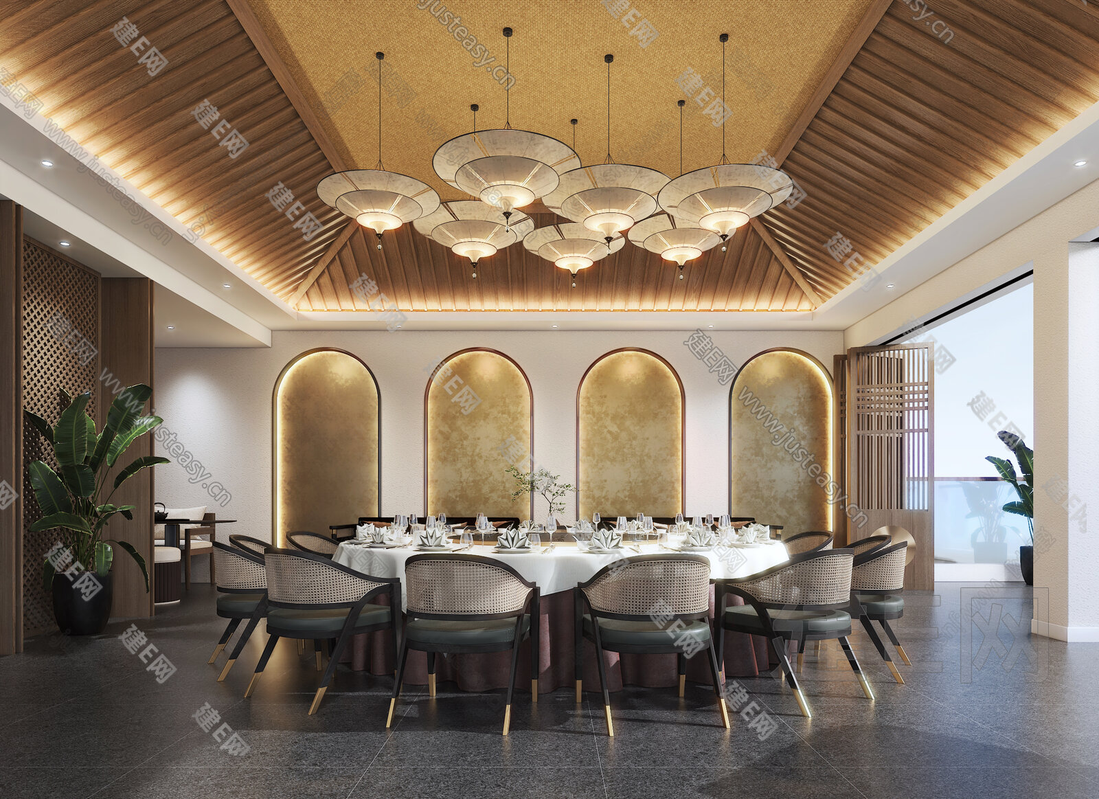 【新中式餐厅包房3d模型】建e网_新中式餐厅包房3d模型下载[ID:114841578]_打造3d新中式餐厅包房模型免费下载平台