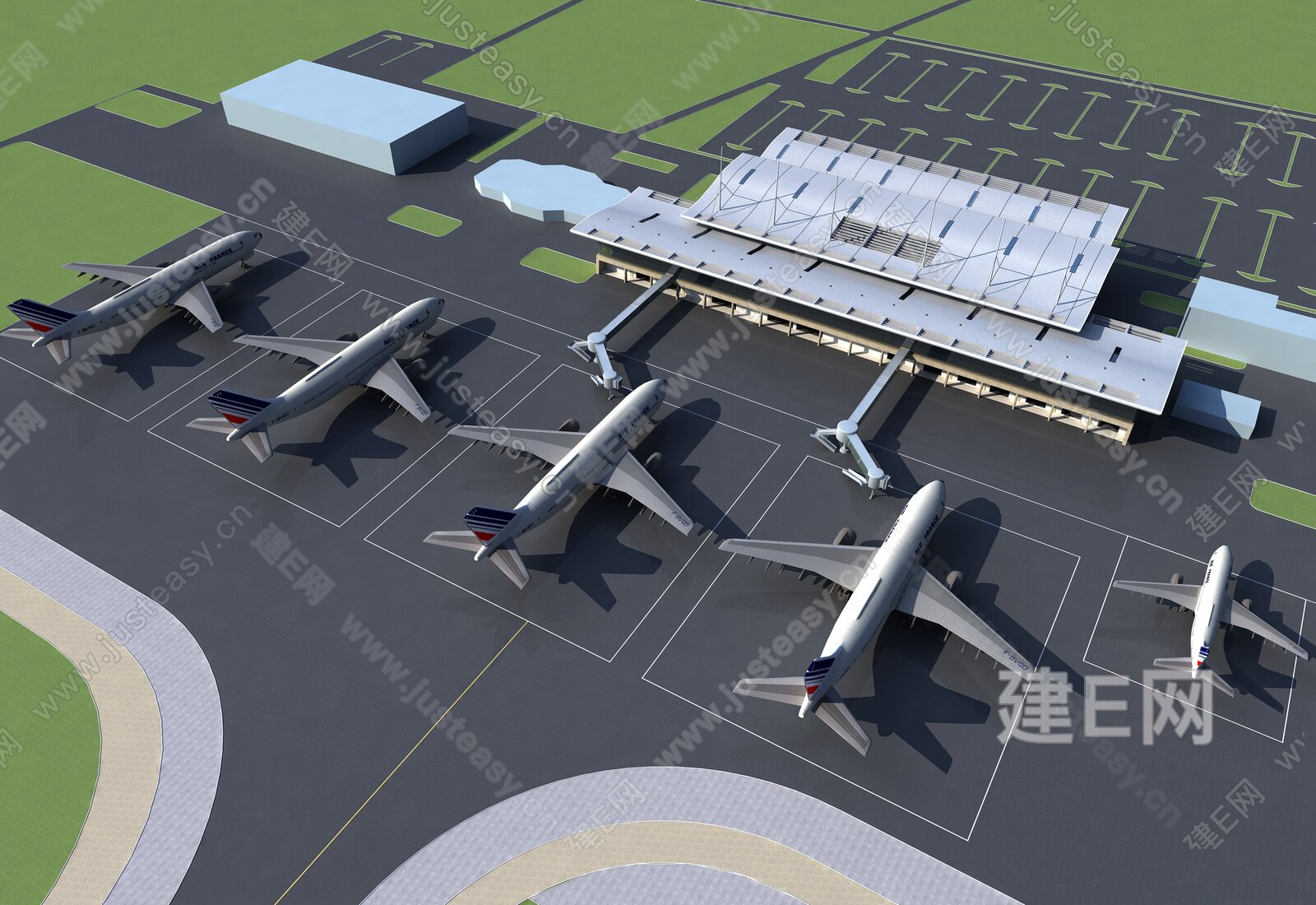 鸟瞰机场，大型飞机场，航站楼，长沙机场，国际机场，停车场，高架桥，停机坪飞机跑道-CG模型网（cgmodel)-让设计更有价值!
