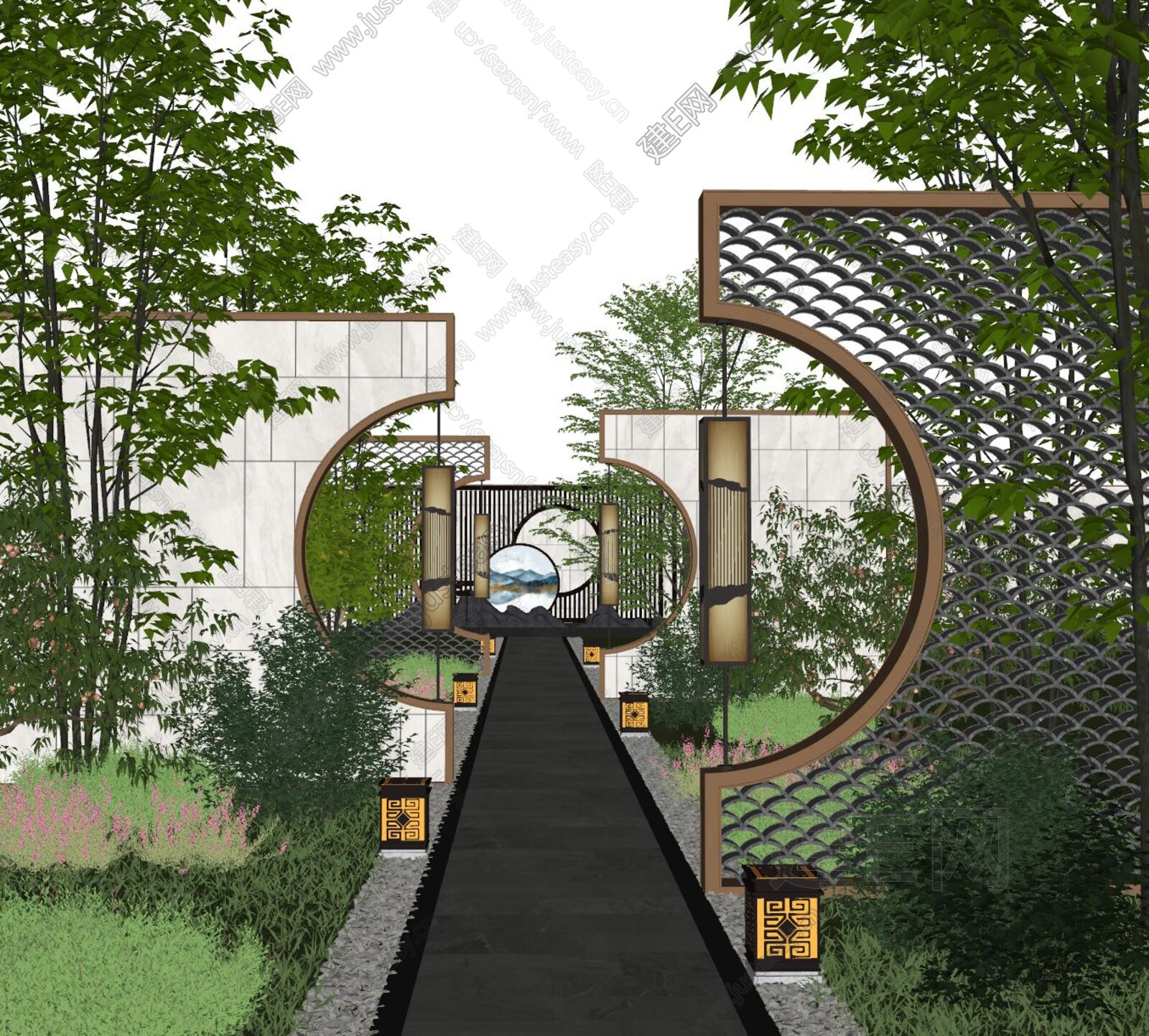 新中式庭院景观模型SU模型下载[ID:102256562]_建E室内设计网