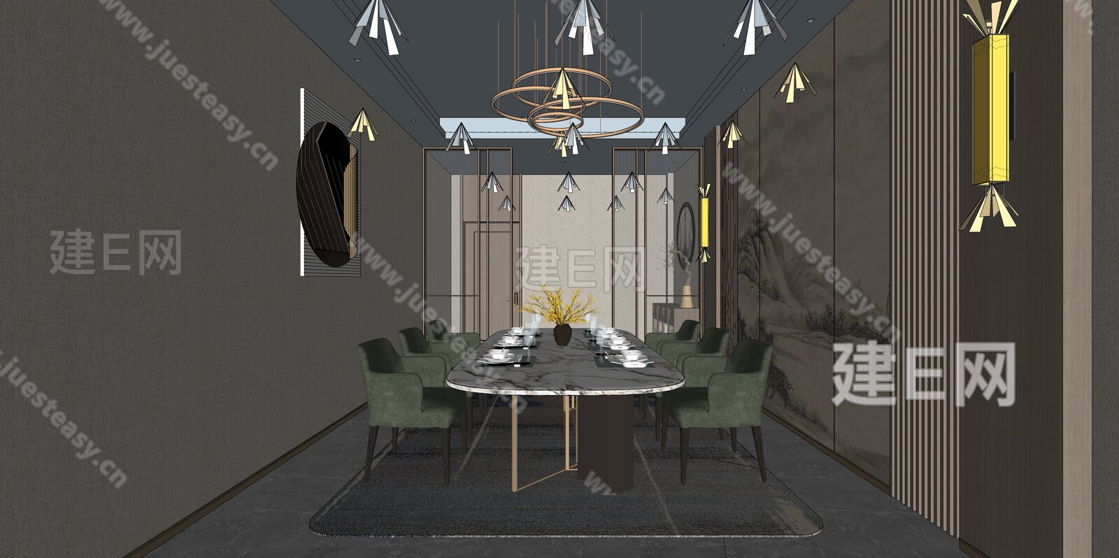 新中式中餐厅小包厢模型SU模型下载[ID:102256546]_建E室内设计网