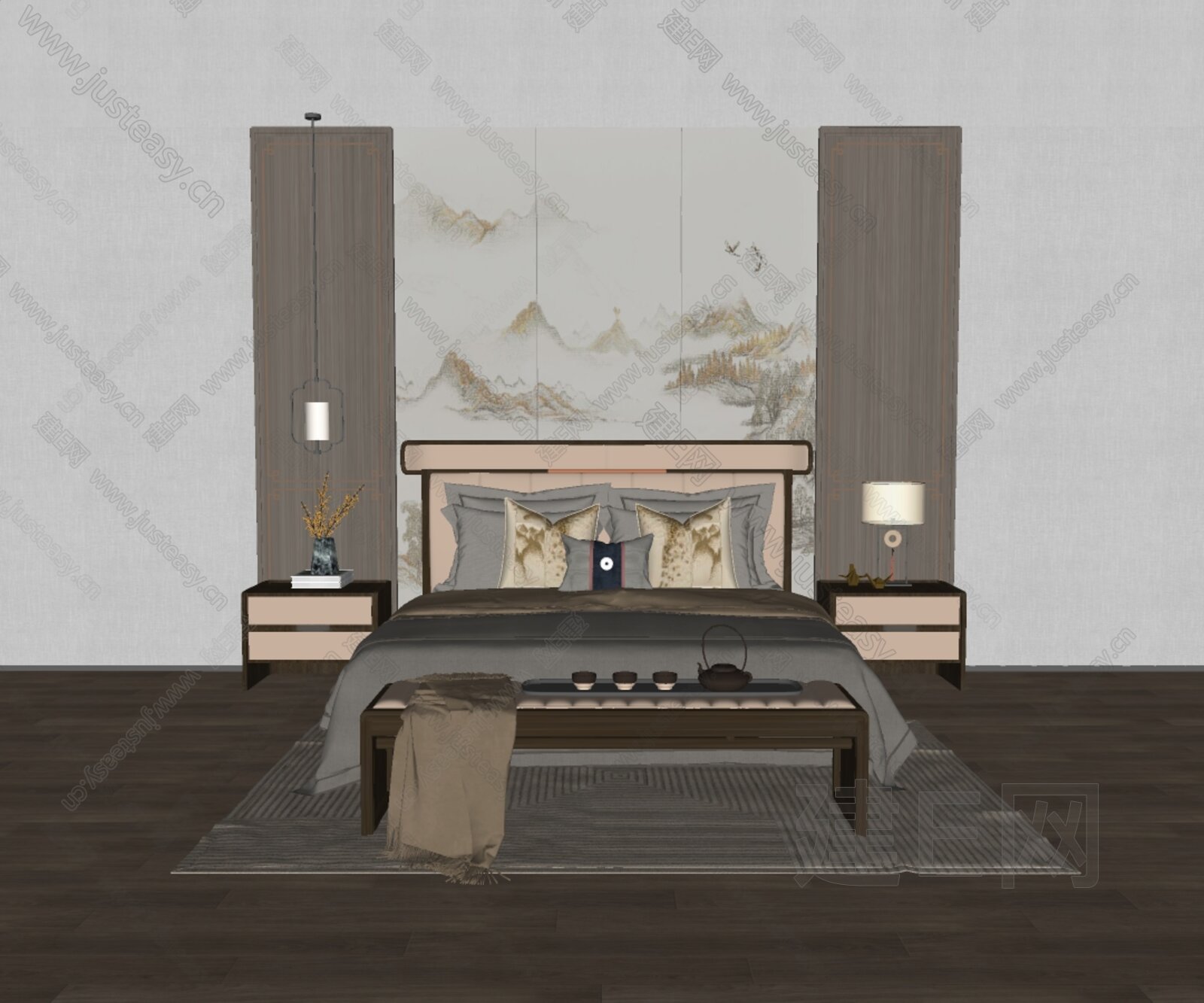 新中式双人床模型SU模型下载[ID:103632803]_建E室内设计网