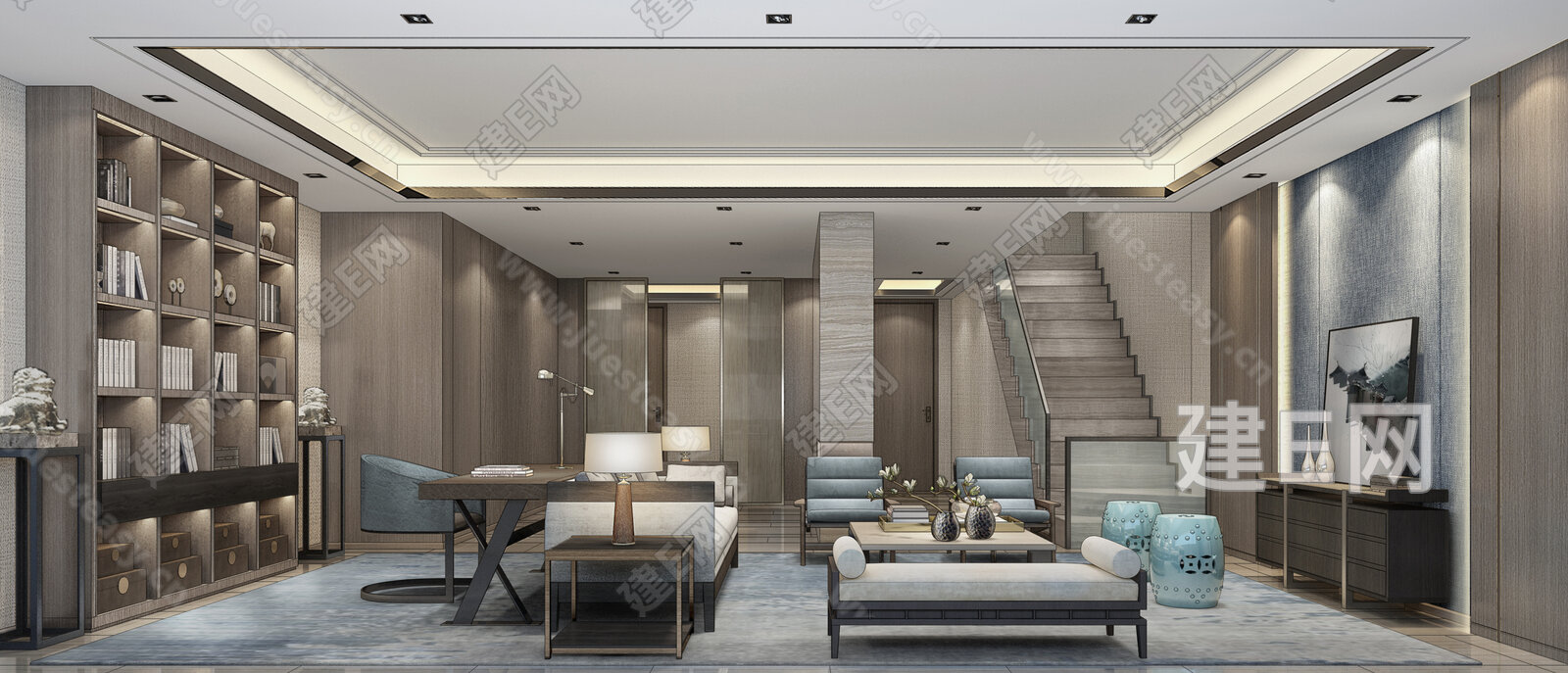 新中式会客厅模型SU模型下载[ID:113659683]_建e网su模型