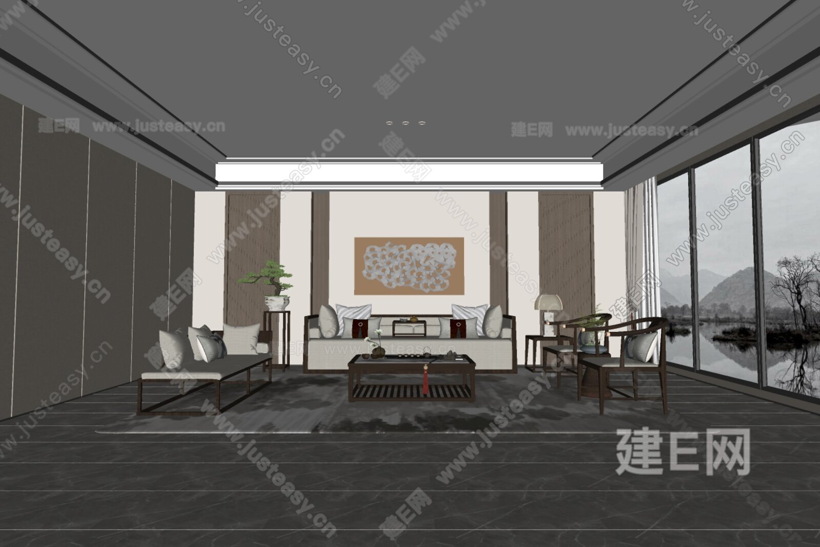 新中式客厅模型SU模型下载[ID:104157136]_建E室内设计网