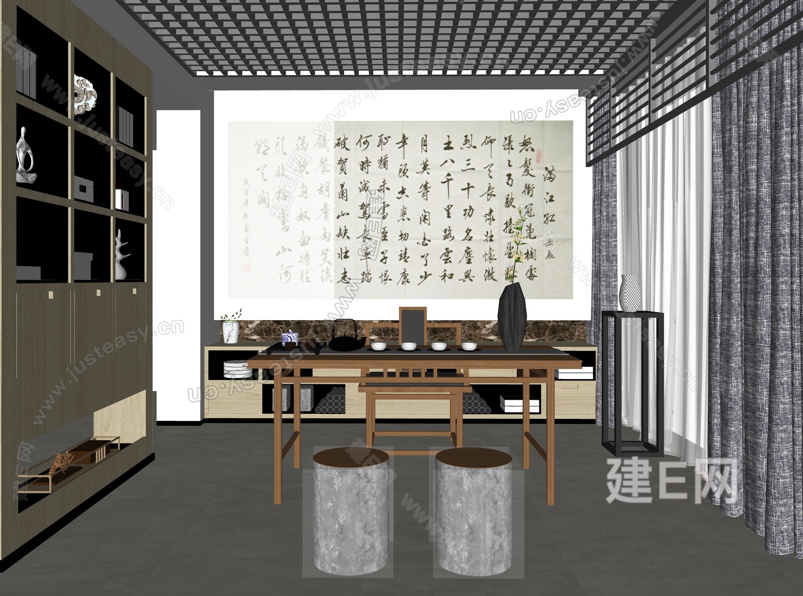 新中式茶室模型SU模型下载[ID:104681321]_建E室内设计网