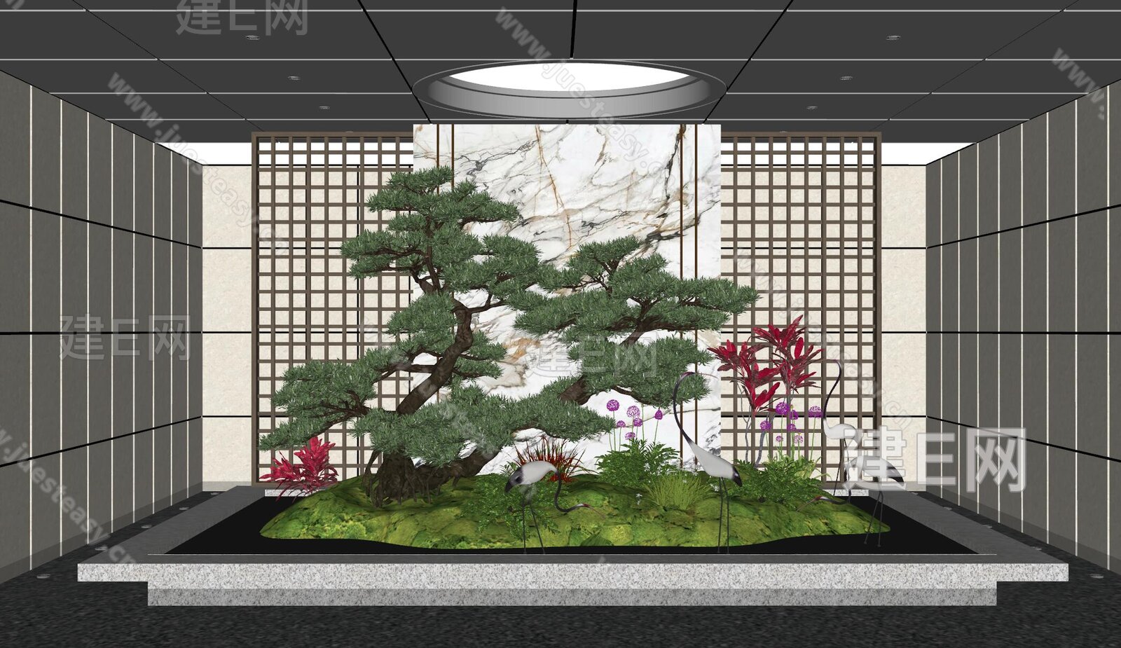 新中式室内景观模型SU模型下载[ID:113594169]_建E室内设计网