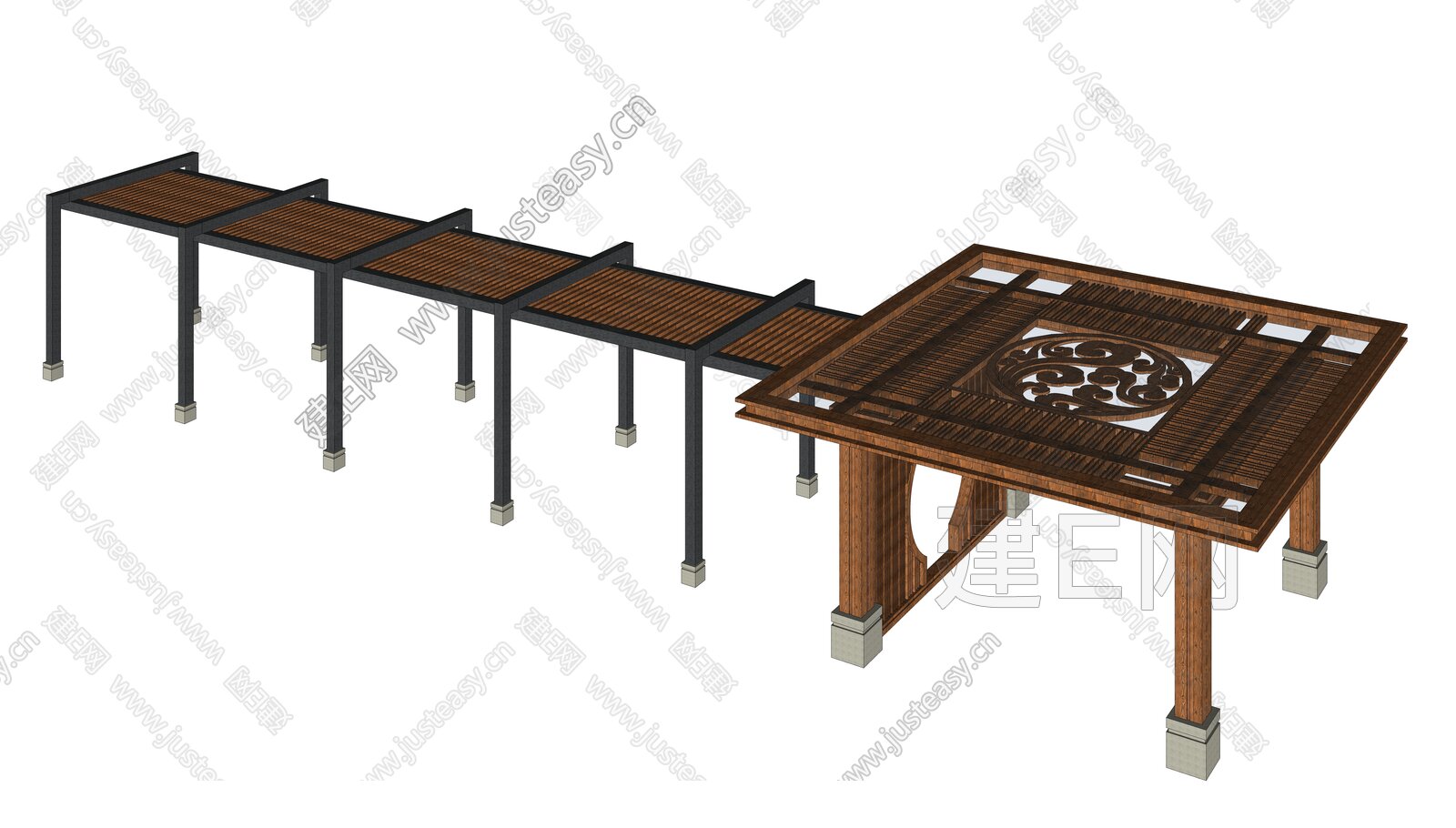 新中式景观廊架模型SU模型下载[ID:113332135]_建e网su模型
