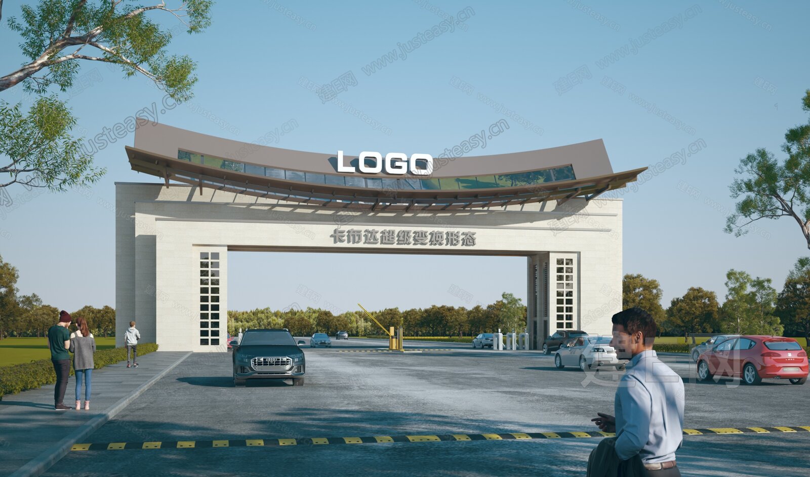 【新中式大门建筑 厂区大门 门卫 传达室 大门入口 园区大门 门闸3d模型】建E网_新中式大门建筑 厂区大门 门卫 传达室 大门入口 园区大门 ...