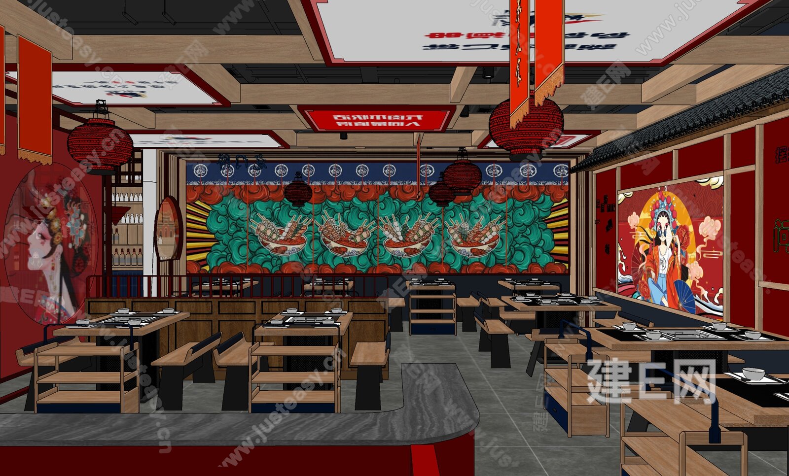 新中式火锅店模型SU模型下载[ID:114249705]_建e网su模型