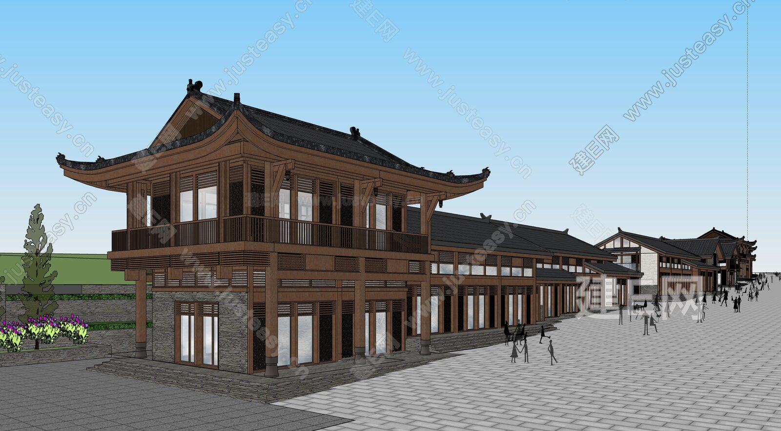 中式商业街模型SU模型下载[ID:114380694]_建e网su模型