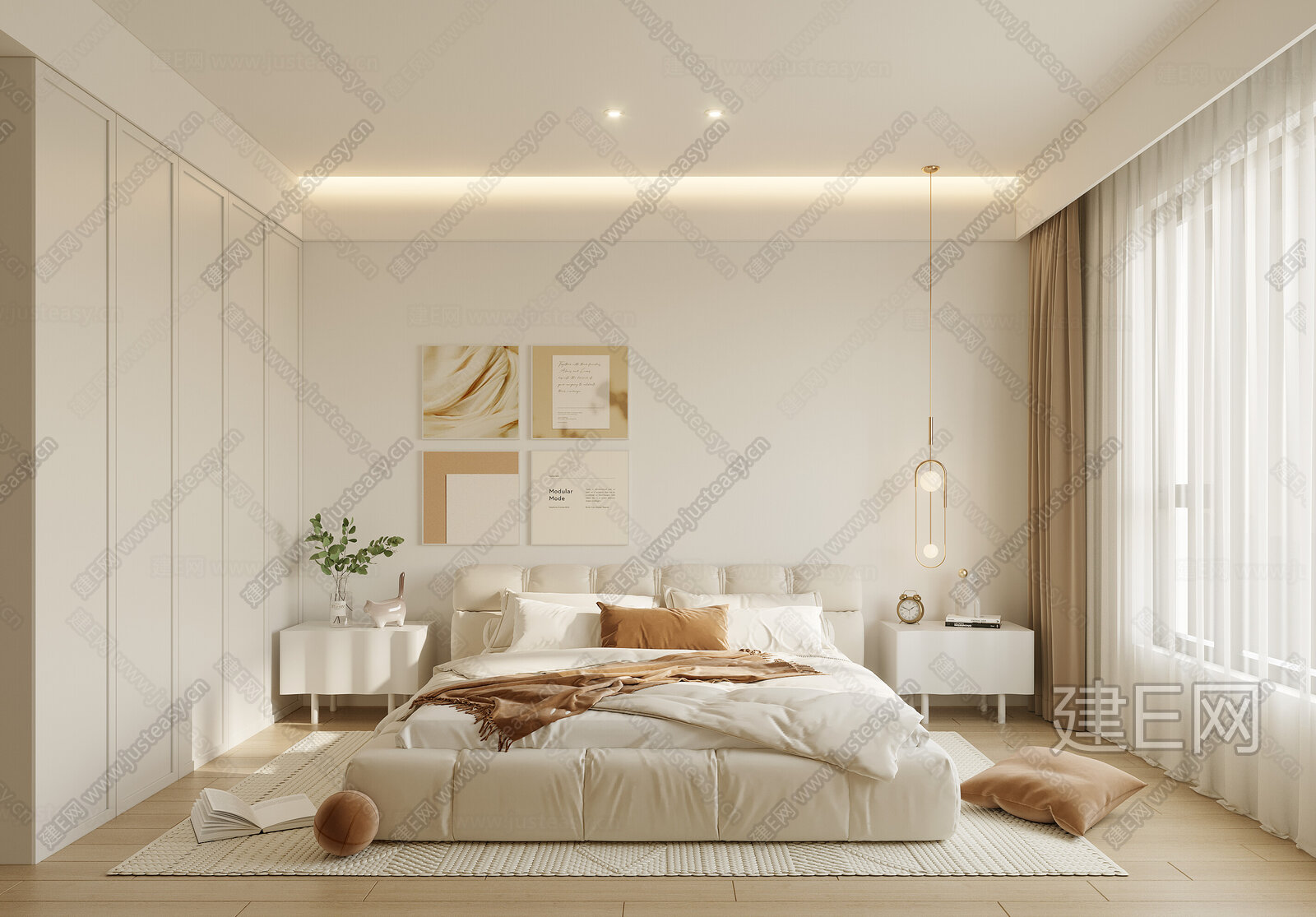 【现代奶油风卧室3d模型】建e网_现代奶油风卧室3d模型下载[ID:112219978]_打造3d现代奶油风卧室模型免费下载平台