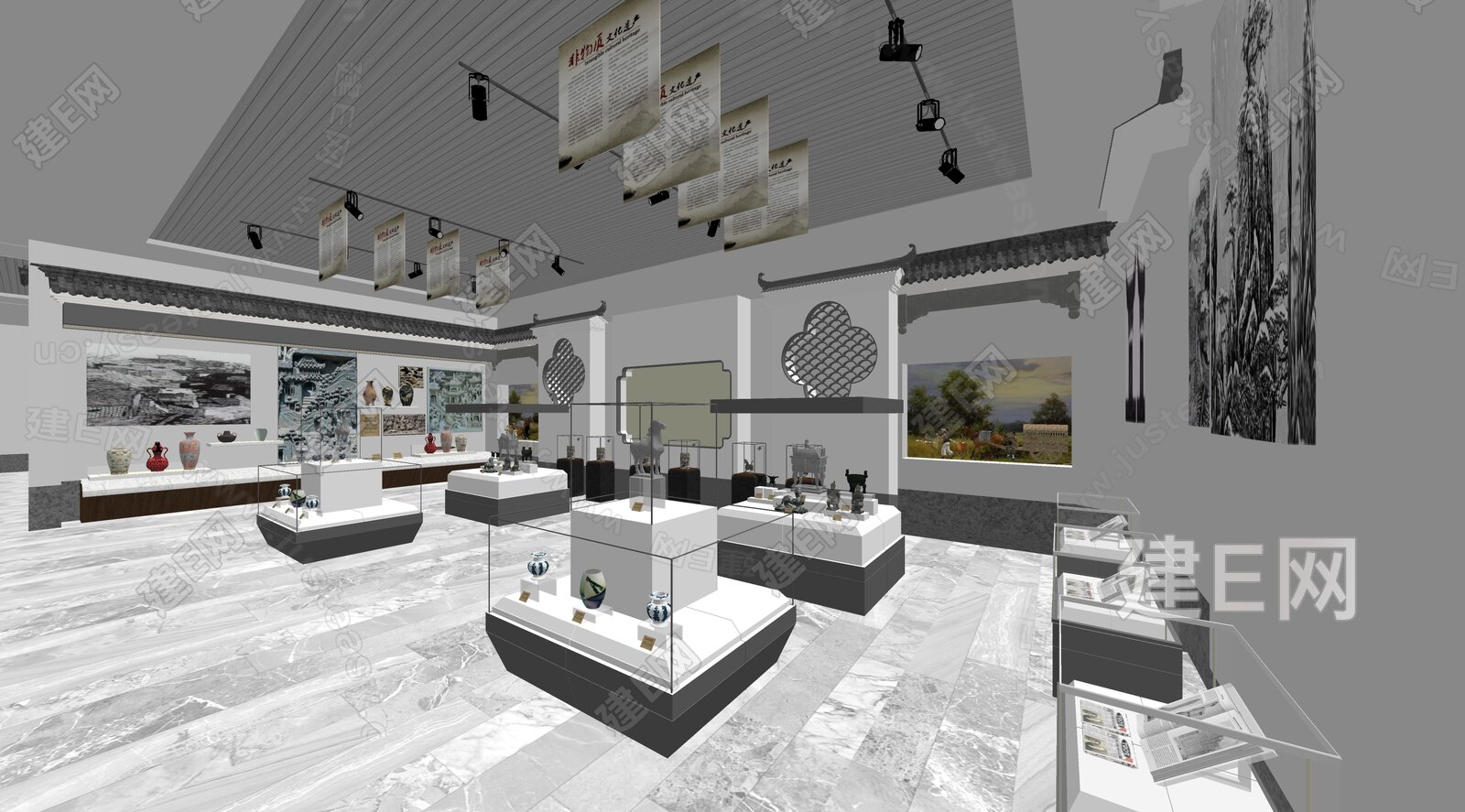新中式文化展厅模型SU模型下载[ID:116871015]_建E室内设计网