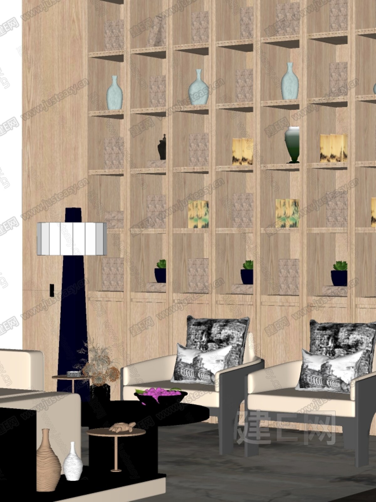 ENJOYDESIGN 新中式售楼处洽谈区模型SU模型下载[ID:109400011]_建E室内设计网