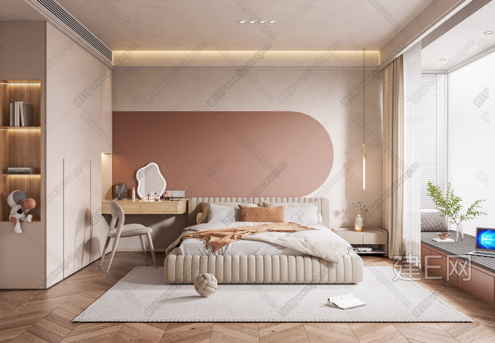 现代奶油风卧室模型SU模型下载[ID:111562564]_建e网su模型