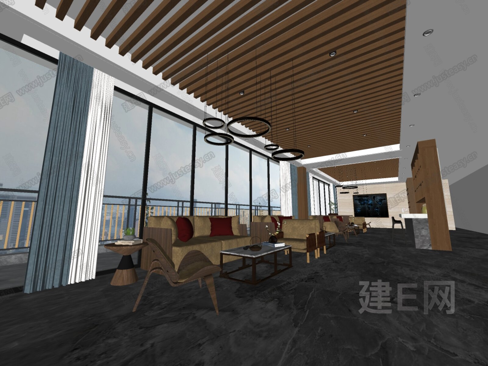 现代酒店休息区模型SU模型下载[ID:109596491]_建E室内设计网