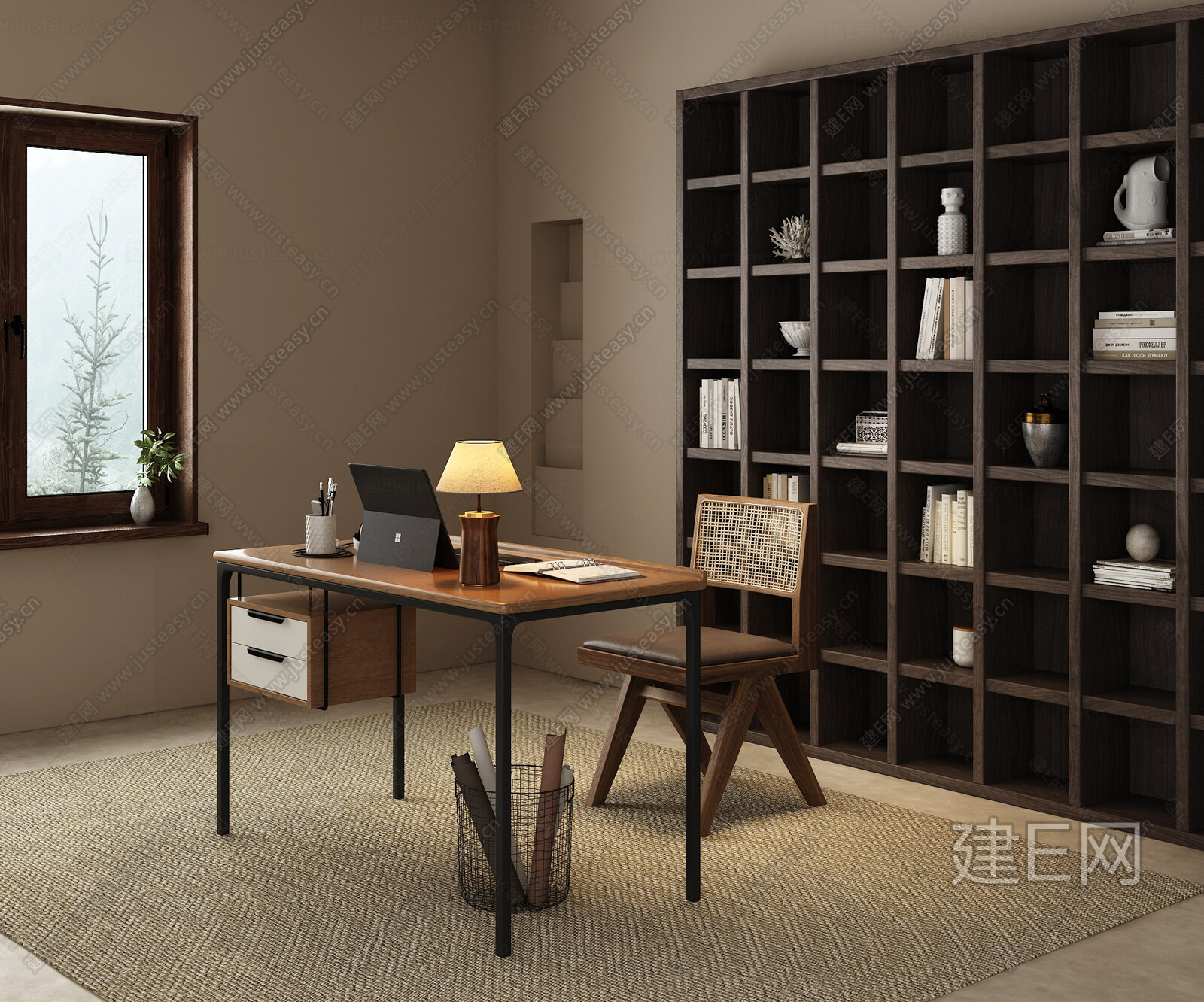 侘寂风书房3d模型下载[ID:106190403]_建e网3d模型