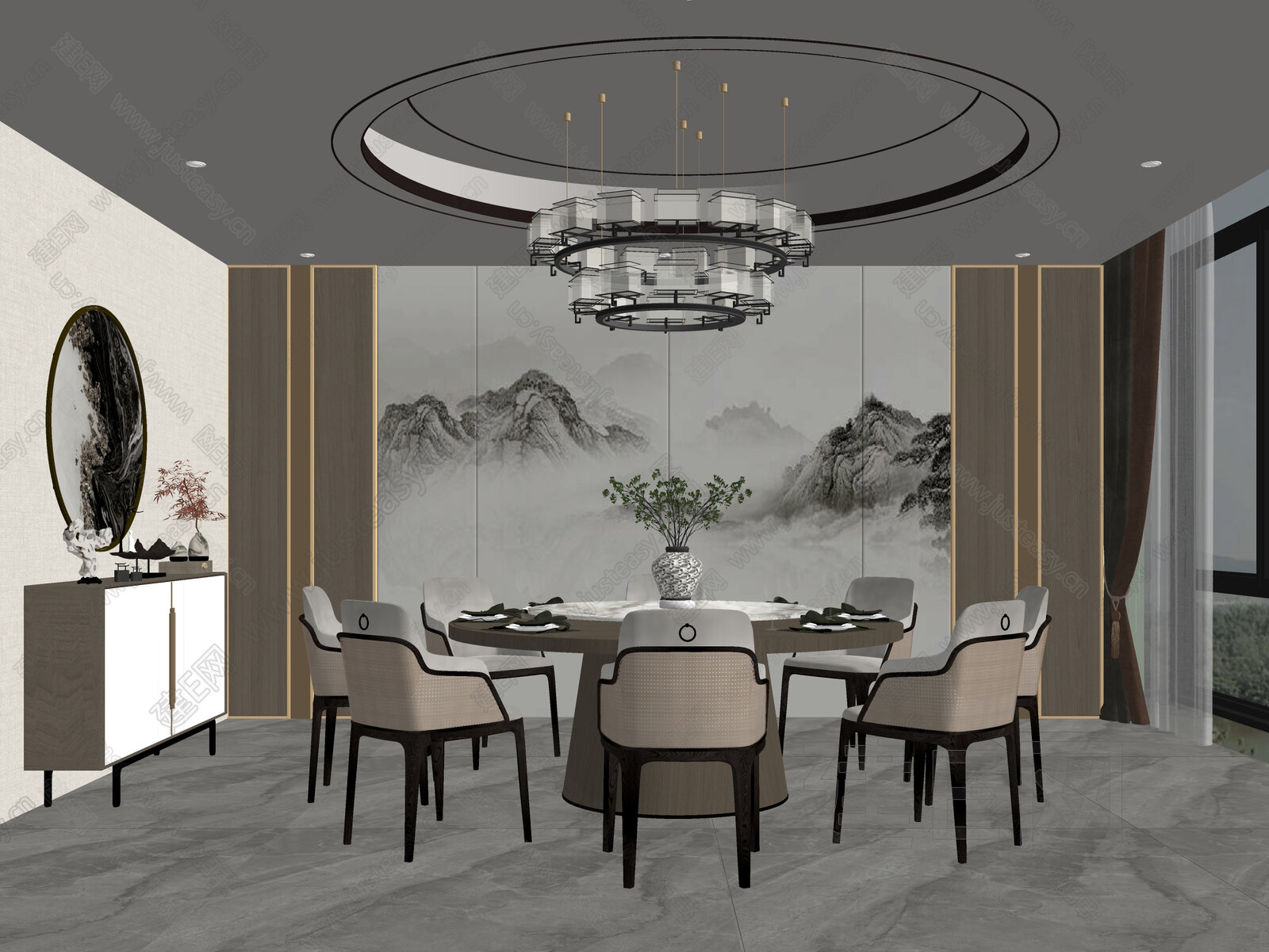 新中式餐厅模型SU模型下载[ID:110514024]_建e网su模型