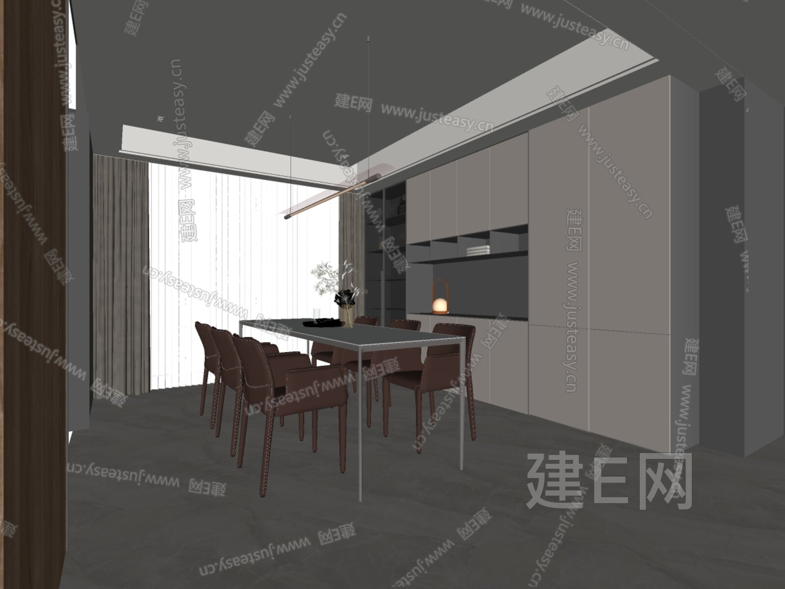 现代餐厅 餐桌椅 玻璃柜 书柜 画 吧台 酒柜 奶油风餐厅 吊灯 岛台模型SU模型下载[ID:110972786]_建E室内设计网