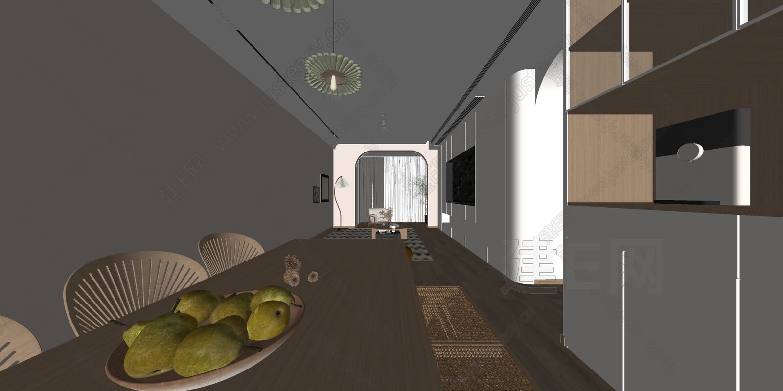 现代原木风客餐厅模型SU模型下载[ID:111431448]_建E室内设计网