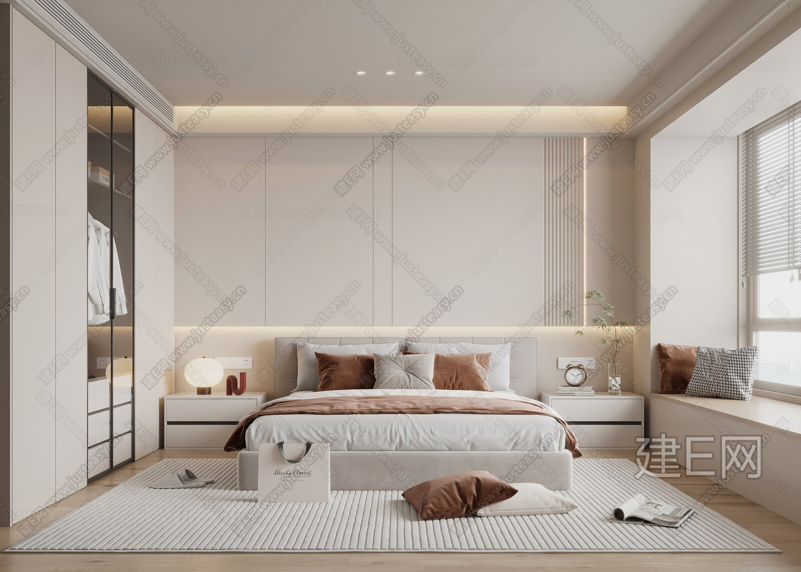 现代奶油风卧室3d模型下载[ID:107501140]_建e网3d模型