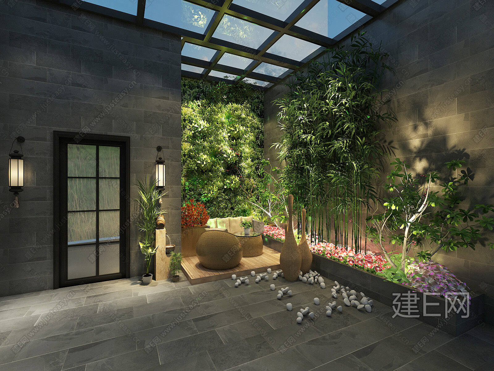 【现代别墅后院,庭院阳台,露台,竹子景观墙3d模型】建E网_现代别墅后院,庭院阳台,露台,竹子景观墙3d模型下载[ID:107632156 ...