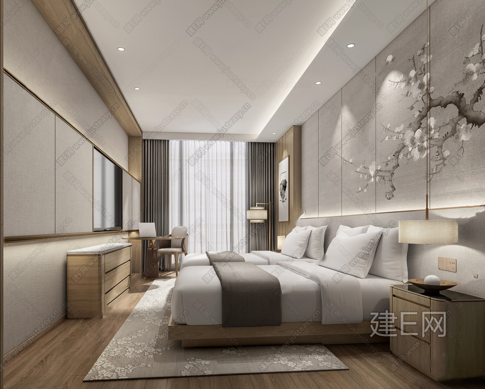 【新中式酒店客房3d模型】建E网_新中式酒店客房3d模型下载[ID:108615279]_打造3d新中式酒店客房模型免费下载平台